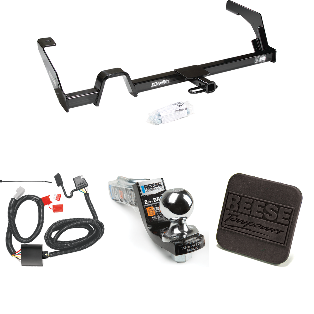 Fits 2000-2004 Subaru Outback Trailer Hitch Tow PKG w/ 4-Flat Wiring Harness + Interlock Starter Kit w/ 2" Ball 2-1/2" Drop 2" Rise + Hitch Cover (For Wagon, Except Sport Models) By Reese Towpower