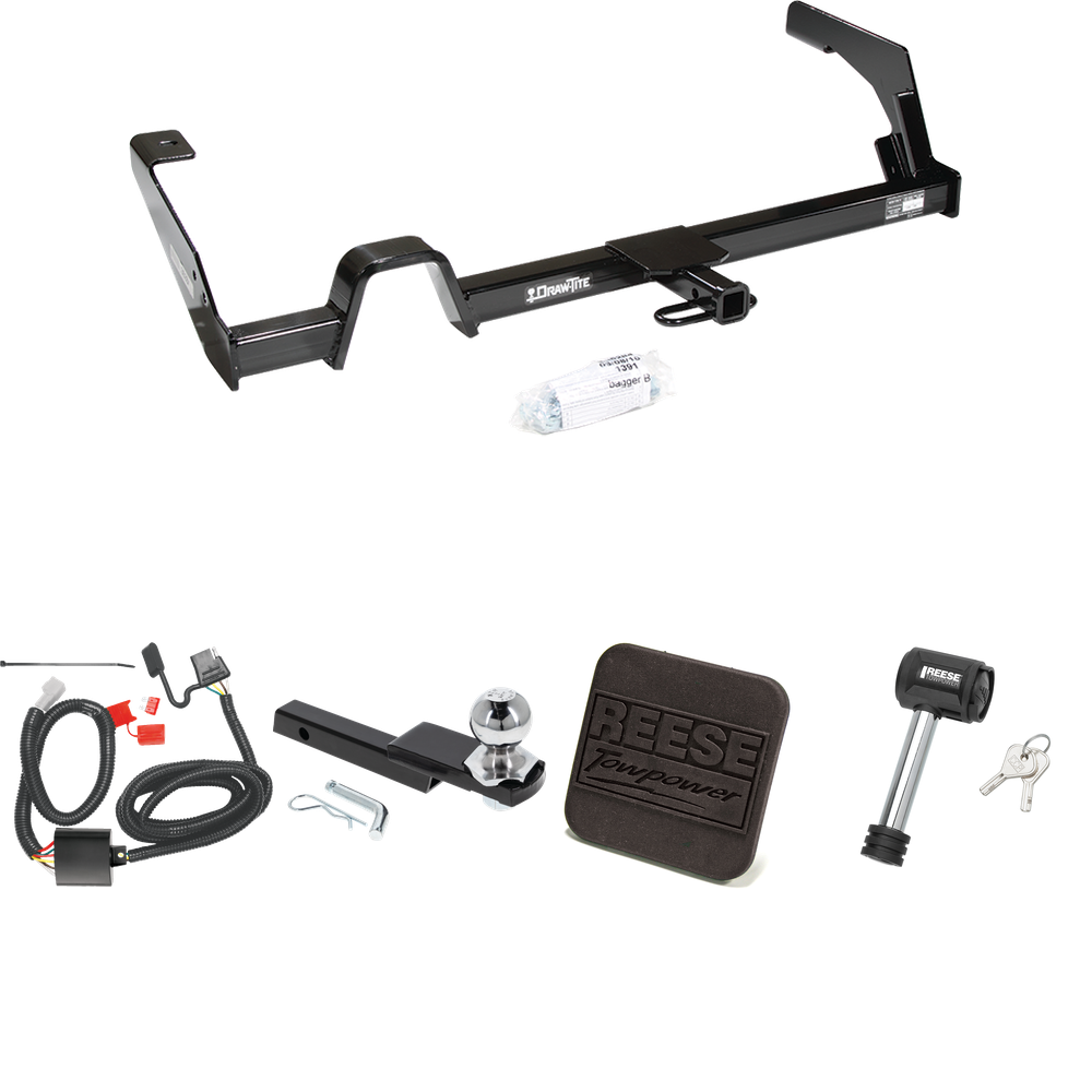 Fits 2000-2004 Subaru Outback Trailer Hitch Tow PKG w/ 4-Flat Wiring Harness + Interlock Starter Kit w/ 2" Ball 1-1/4" Drop 3/4" Rise + Hitch Cover + Hitch Lock (For Sedan, Except Sport Models) By Reese Towpower