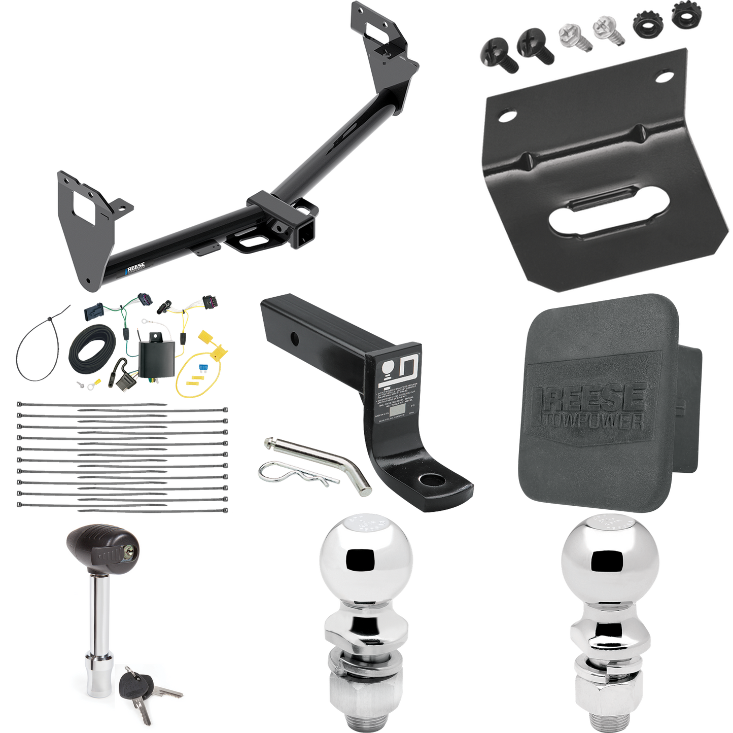 Fits 2015-2023 Jeep Renegade Trailer Hitch Tow PKG w/ 4-Flat Wiring + Ball Mount w/ 4" Drop + 2" Ball + 2-5/16" Ball + Wiring Bracket + Hitch Lock + Hitch Cover By Reese Towpower