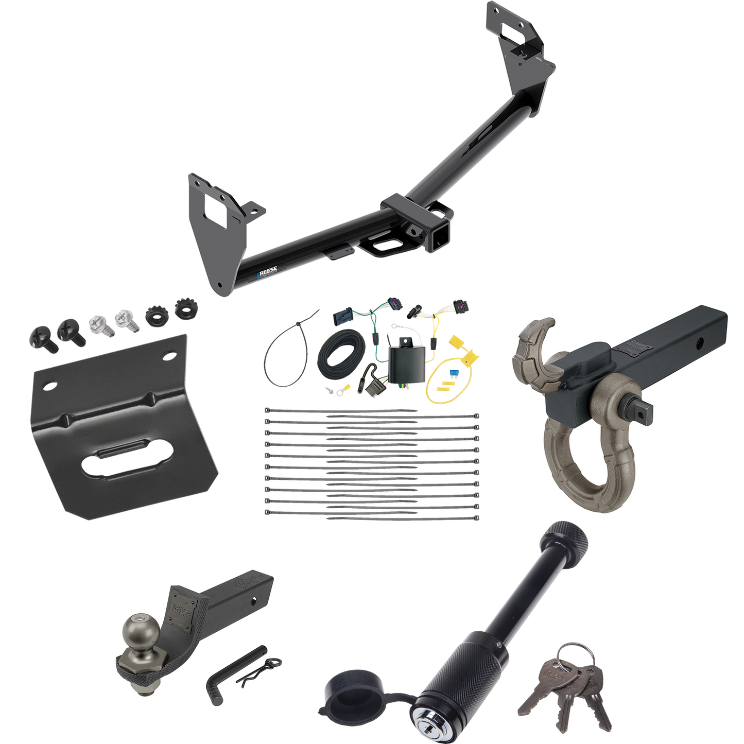 Fits 2015-2023 Jeep Renegade Trailer Hitch Tow PKG w/ 4-Flat Wiring + Interlock Tactical Starter Kit w/ 2" Drop & 2" Ball + Tactical Hook & Shackle Mount + Tactical Dogbone Lock + Wiring Bracket By Reese Towpower