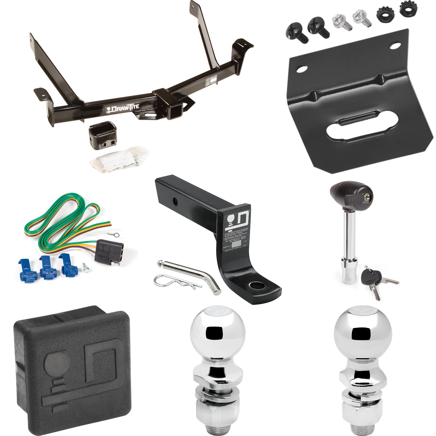 Fits 1991-1994 Ford Explorer Trailer Hitch Tow PKG w/ 4-Flat Wiring + Ball Mount w/ 4" Drop + 2" Ball + 2-5/16" Ball + Wiring Bracket + Hitch Lock + Hitch Cover By Draw-Tite