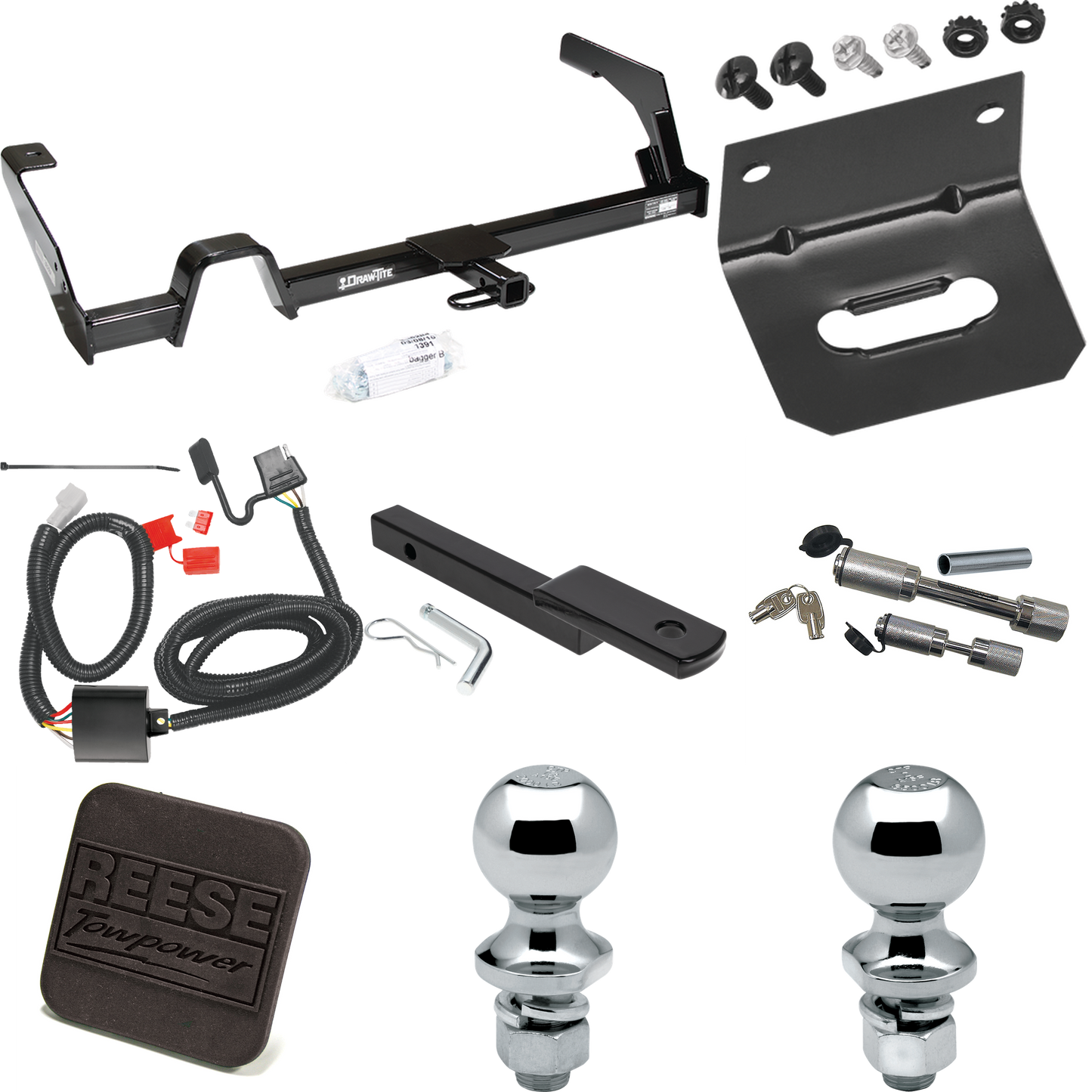 Fits 2000-2004 Subaru Outback Trailer Hitch Tow PKG w/ 4-Flat Wiring Harness + Draw-Bar + 1-7/8" + 2" Ball + Wiring Bracket + Hitch Cover + Dual Hitch & Coupler Locks (For Wagon, Except Sport Models) By Reese Towpower