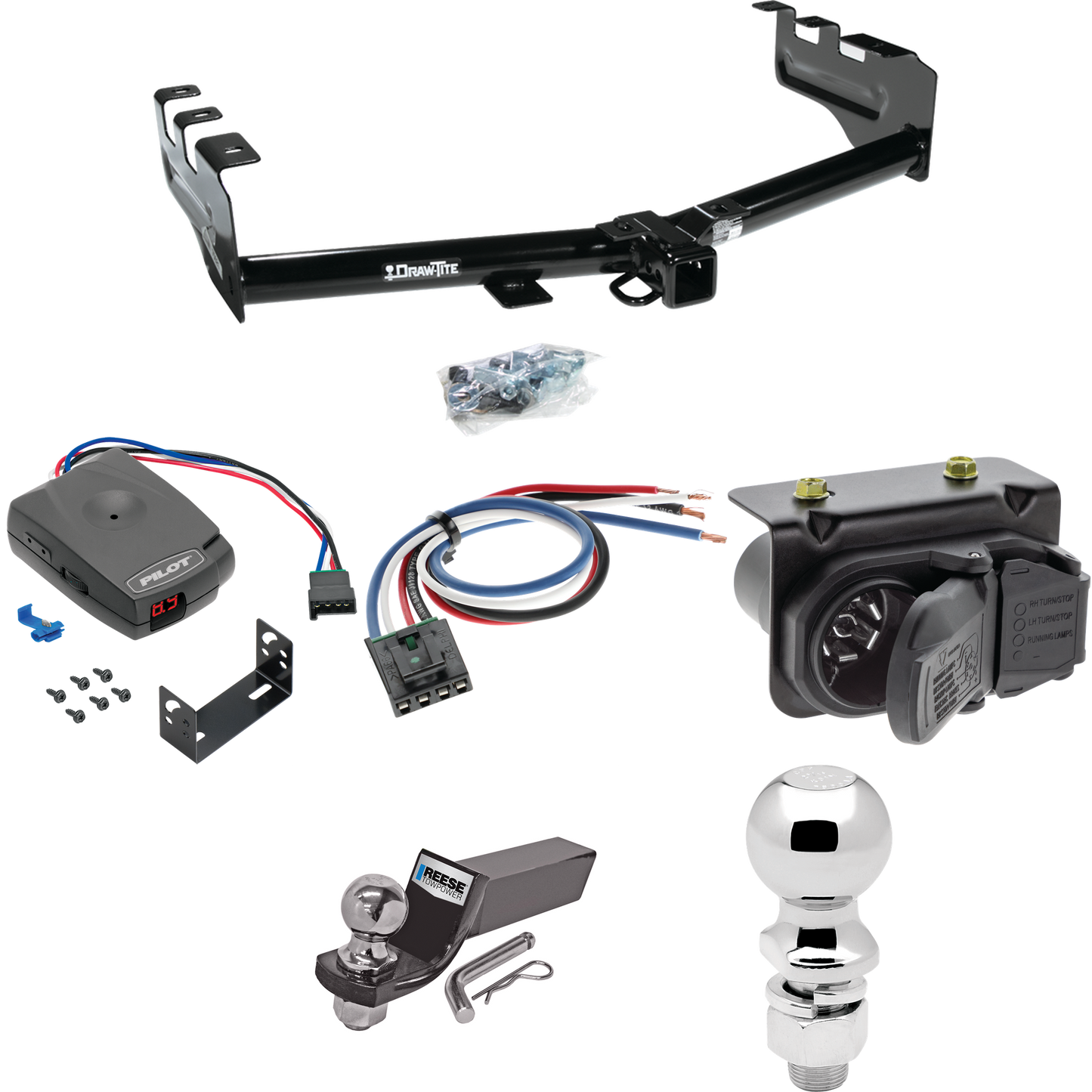 Fits 2007-2013 Chevrolet Silverado 1500 Trailer Hitch Tow PKG w/ Pro Series Pilot Brake Control + Generic BC Wiring Adapter + 7-Way RV Wiring + 2" & 2-5/16" Ball & Drop Mount By Draw-Tite