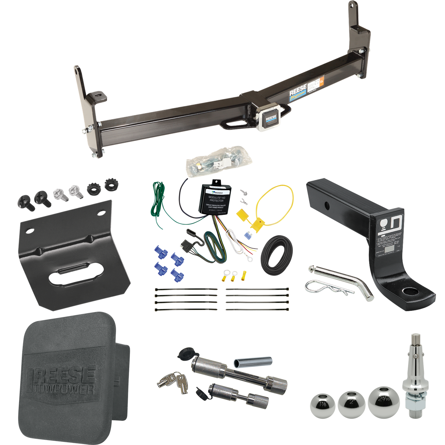 Fits 1997-2001 Mercury Mountaineer Trailer Hitch Tow PKG w/ 4-Flat Wiring + Ball Mount w/ 4" Drop + Interchangeable Ball 1-7/8" & 2" & 2-5/16" + Wiring Bracket + Dual Hitch & Coupler Locks + Hitch Cover By Reese Towpower