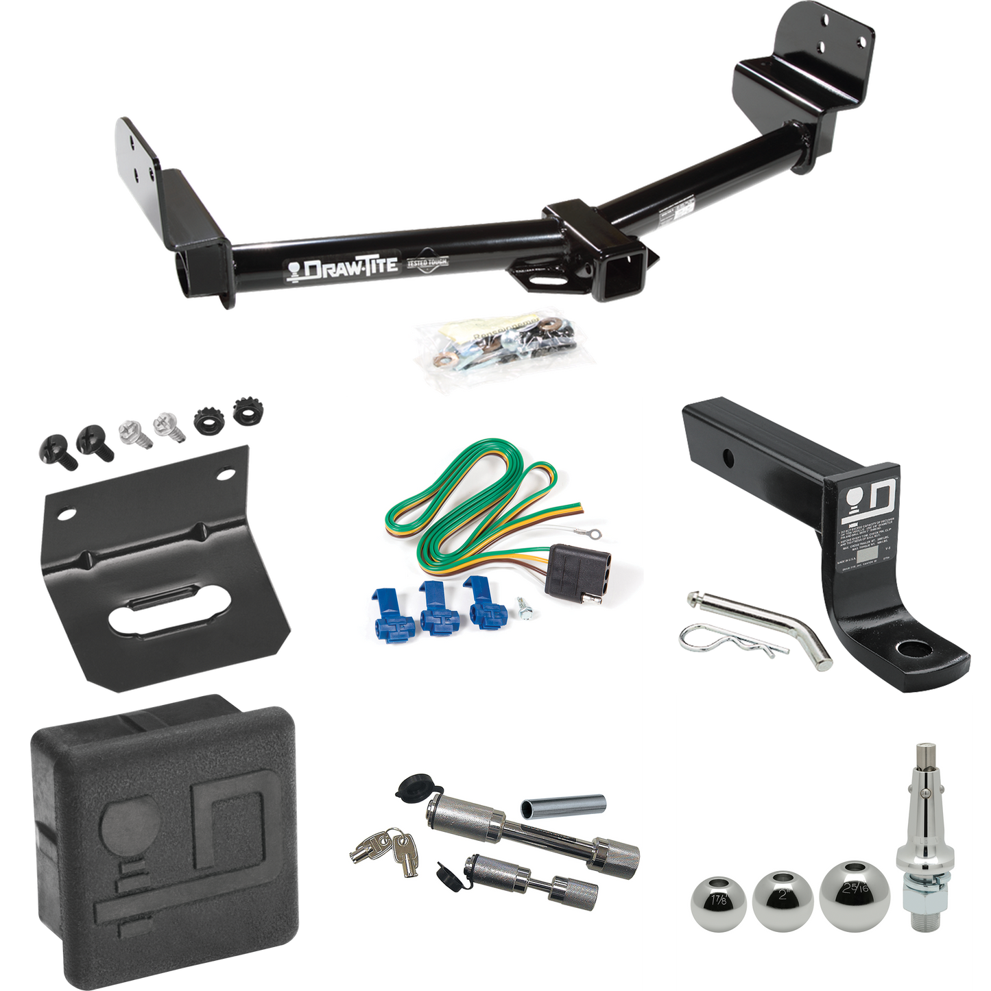 Fits 2005-2005 Lincoln Aviator Trailer Hitch Tow PKG w/ 4-Flat Wiring + Ball Mount w/ 4" Drop + Interchangeable Ball 1-7/8" & 2" & 2-5/16" + Wiring Bracket + Dual Hitch & Coupler Locks + Hitch Cover By Draw-Tite