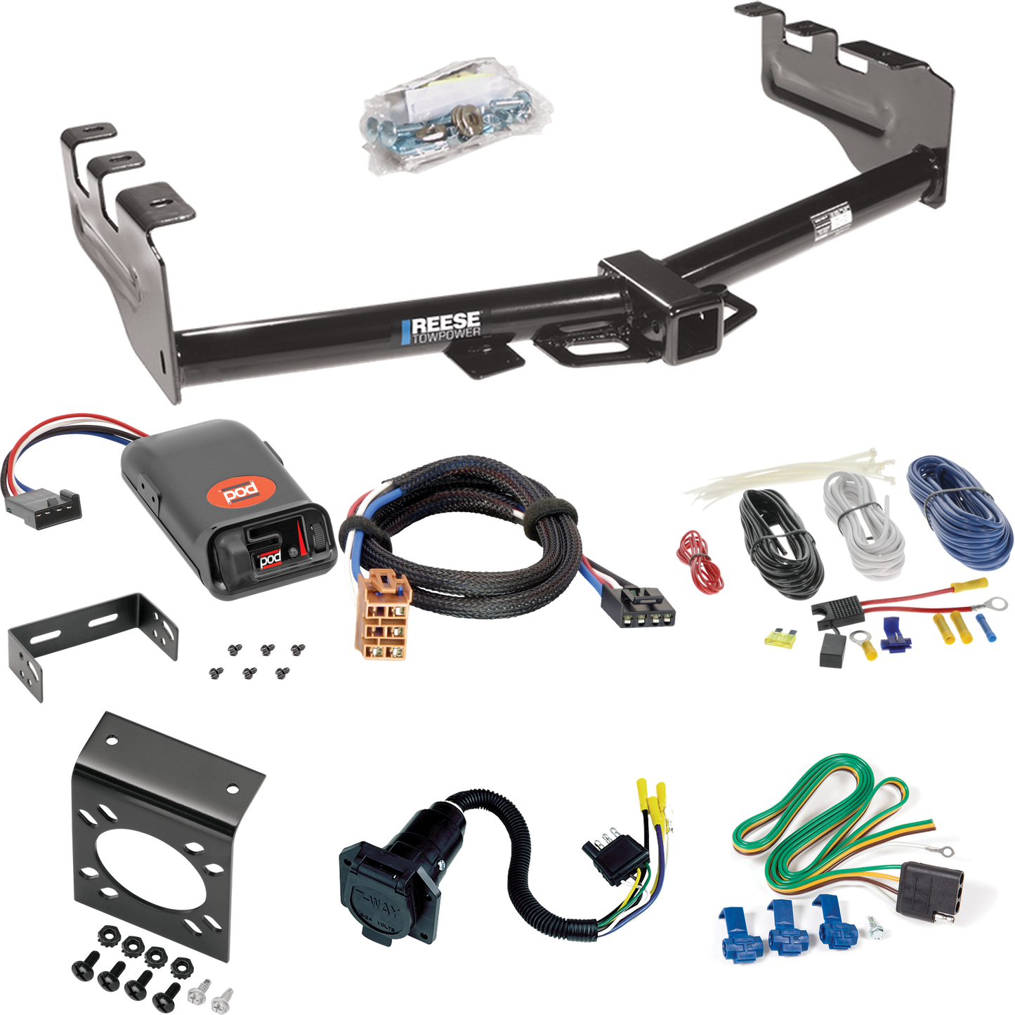 Fits 1999-2002 GMC Sierra 2500 Trailer Hitch Tow PKG w/ Pro Series POD Brake Control + Plug & Play BC Adapter + 7-Way RV Wiring By Reese Towpower