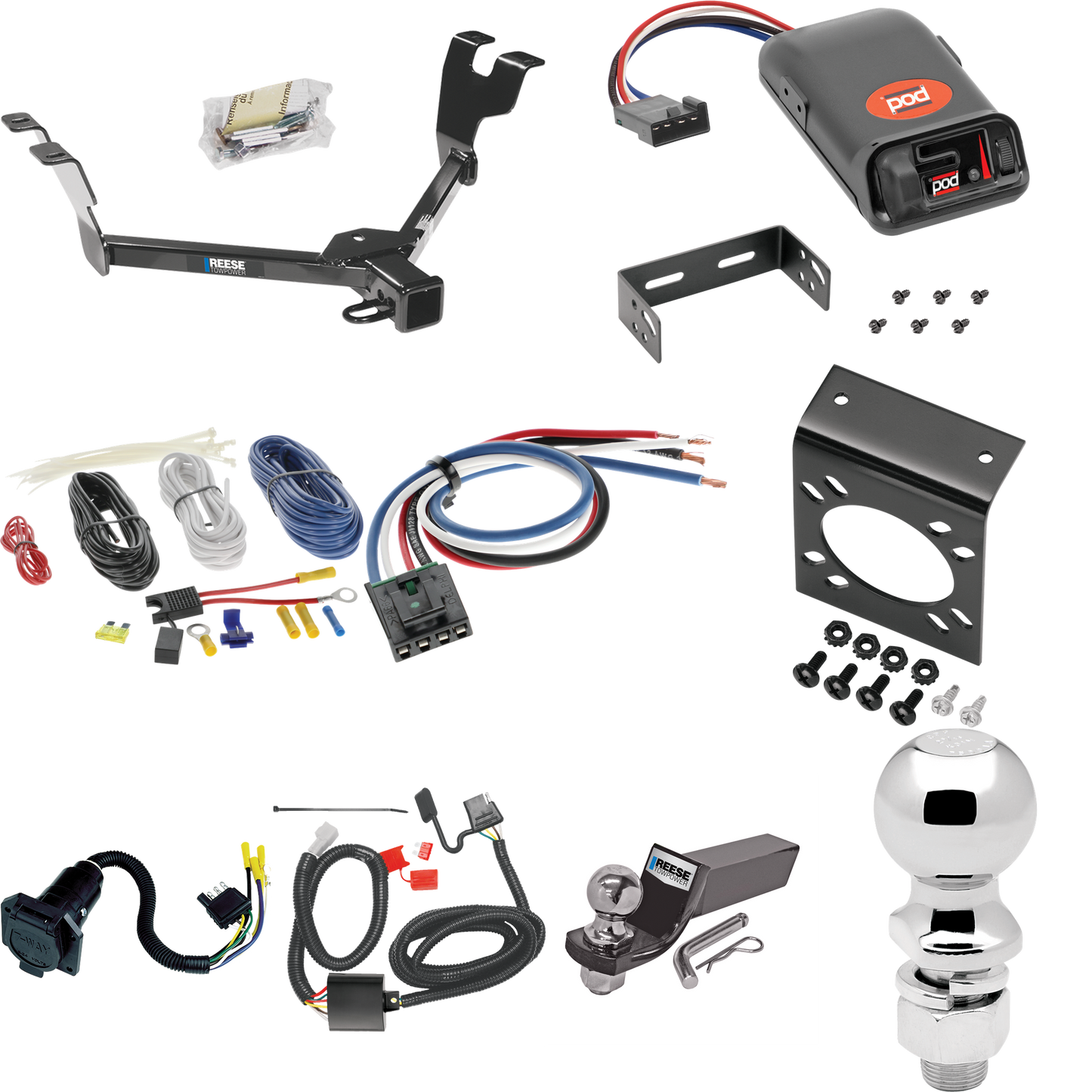 Fits 2005-2007 Subaru Legacy Trailer Hitch Tow PKG w/ Pro Series POD Brake Control + Generic BC Wiring Adapter + 7-Way RV Wiring + 2" & 2-5/16" Ball & Drop Mount (For Sedan, Except Outback Models) By Reese Towpower