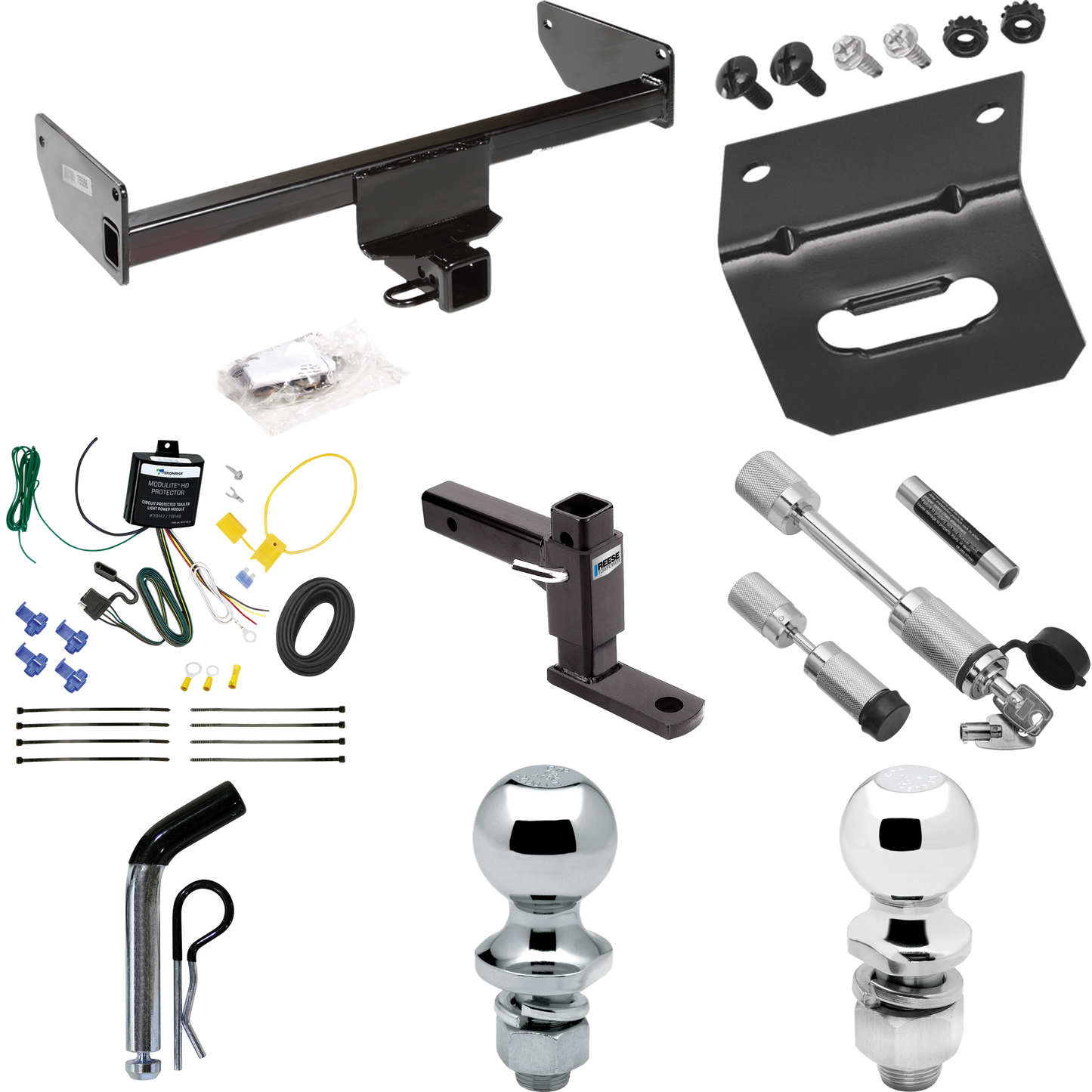 Fits 2008-2009 Saturn Vue Trailer Hitch Tow PKG w/ 4-Flat Wiring Harness + Adjustable Drop Rise Ball Mount + Pin/Clip + 2" Ball + 1-7/8" Ball + Dual Hitch & Coupler Locks By Draw-Tite