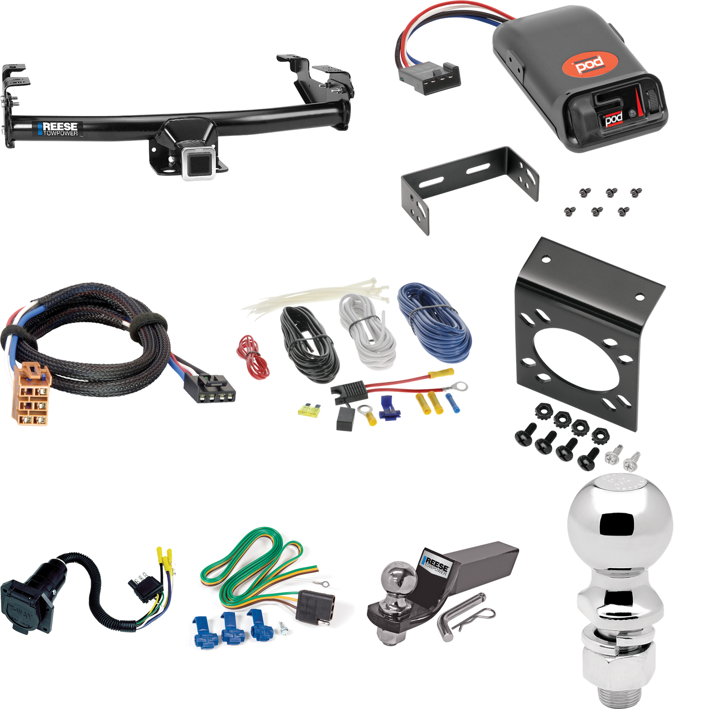 Fits 1999-2002 Chevrolet Silverado 1500 Trailer Hitch Tow PKG w/ Pro Series POD Brake Control + Plug & Play BC Adapter + 7-Way RV Wiring + 2" & 2-5/16" Ball & Drop Mount By Reese Towpower