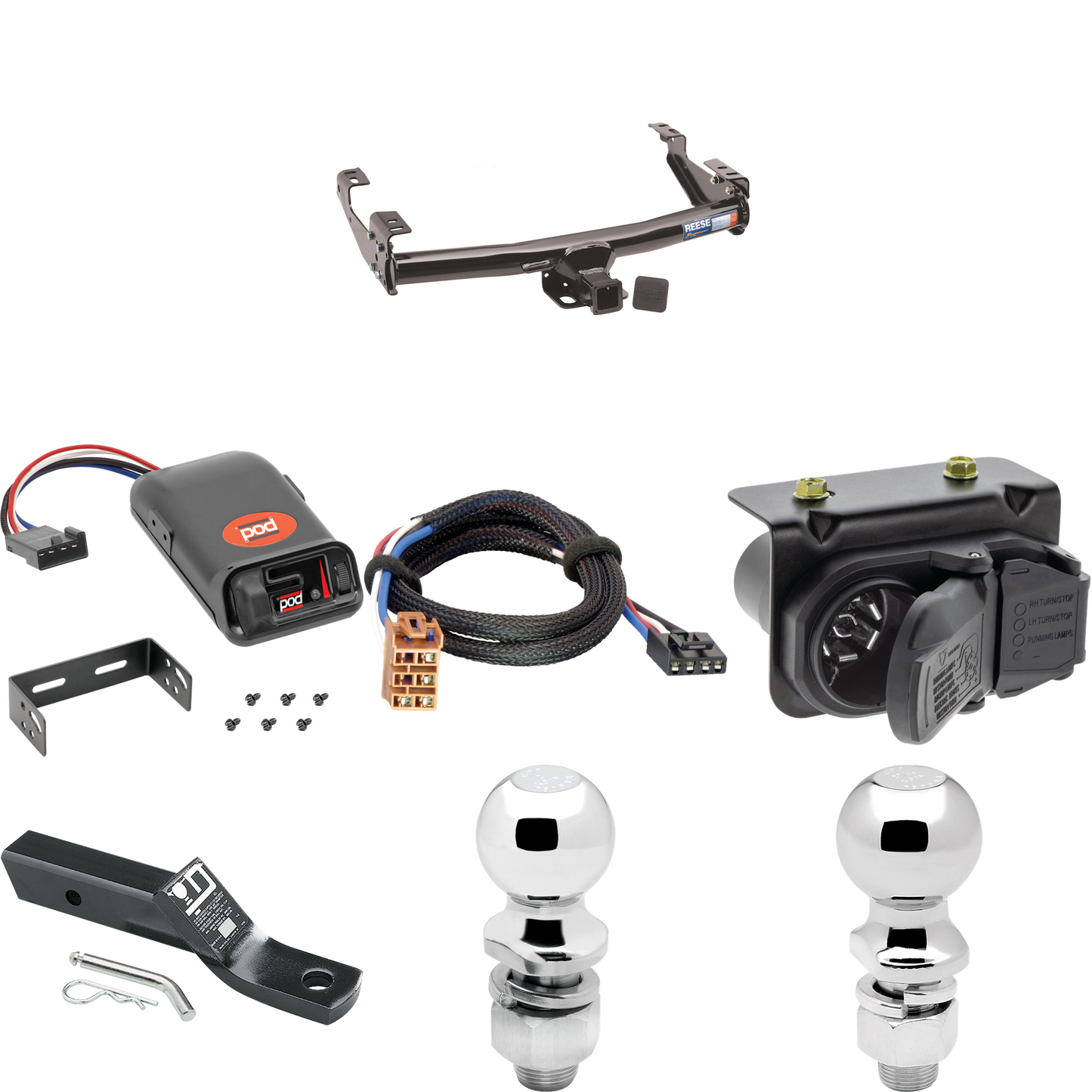 Fits 1999-2002 Chevrolet Silverado 2500 Trailer Hitch Tow PKG w/ Pro Series POD Brake Control + Plug & Play BC Adapter + 7-Way RV Wiring + 2" & 2-5/16" Ball & Drop Mount By Reese Towpower