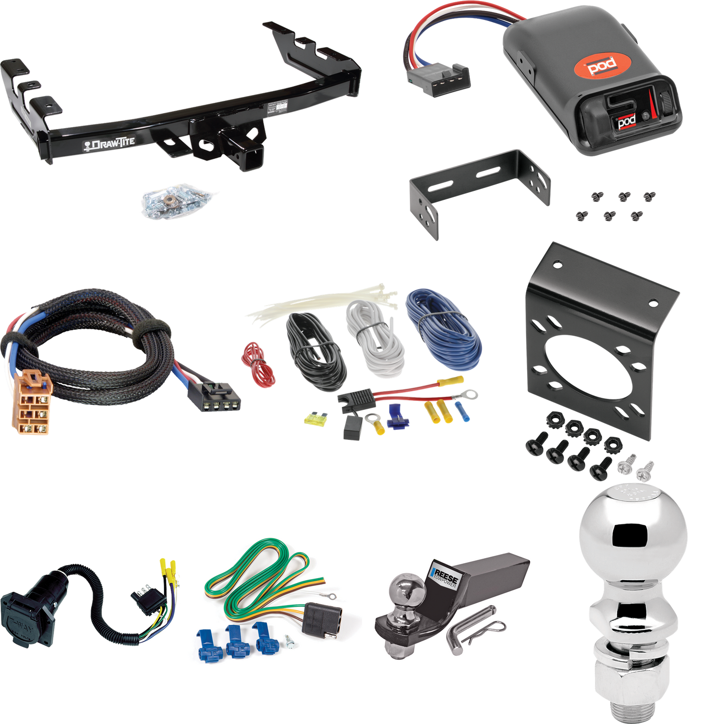 Se adapta al paquete de enganche de remolque GMC Sierra 1500 1999-2002 con control de freno POD serie Pro + adaptador BC Plug &amp; Play + cableado RV de 7 vías + soporte de bola y caída de 2" y 2-5/16" de Draw-Tite