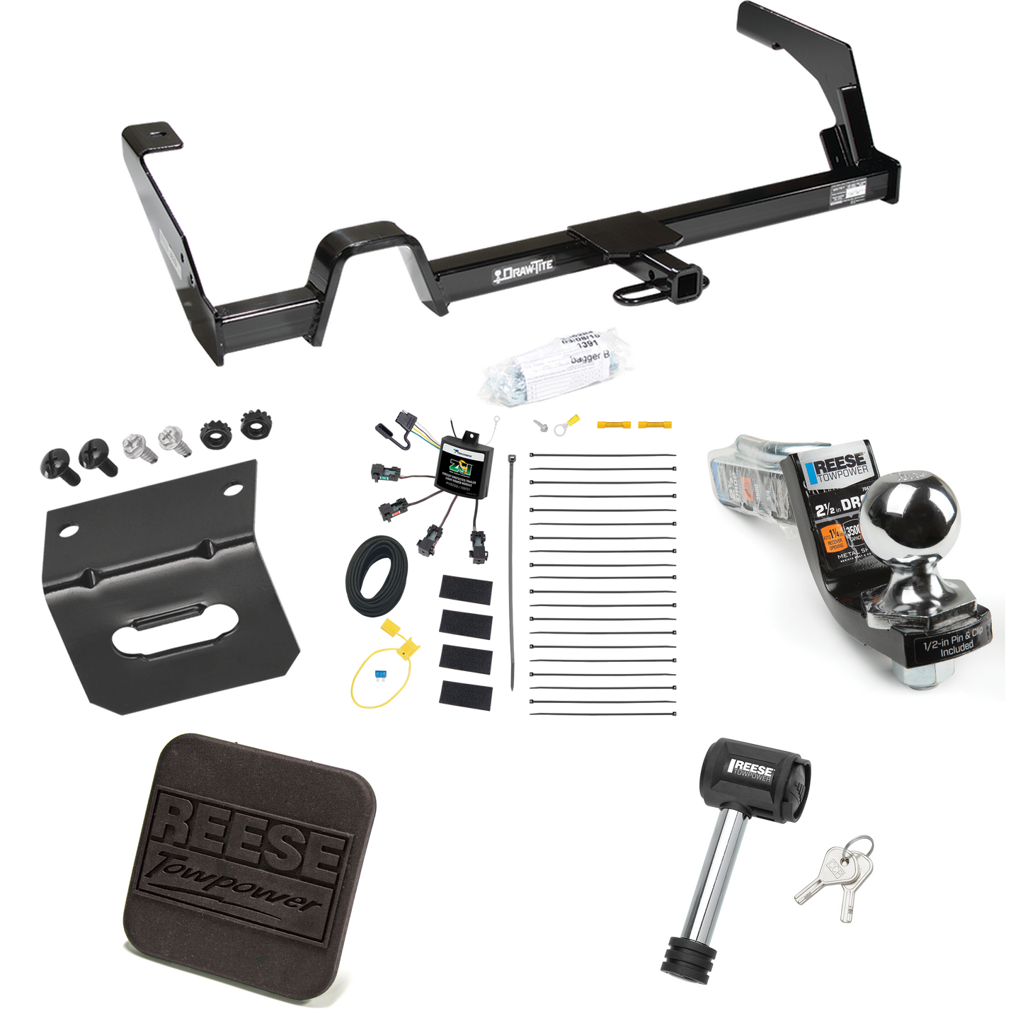 Fits 2000-2004 Subaru Legacy Trailer Hitch Tow PKG w/ 4-Flat Zero Contact "No Splice" Wiring Harness + Interlock Starter Kit w/ 2" Ball 2-1/2" Drop 2" Rise + Wiring Bracket + Hitch Cover + Hitch Lock (For Sedan, Except Outback Models) By Reese Towpow