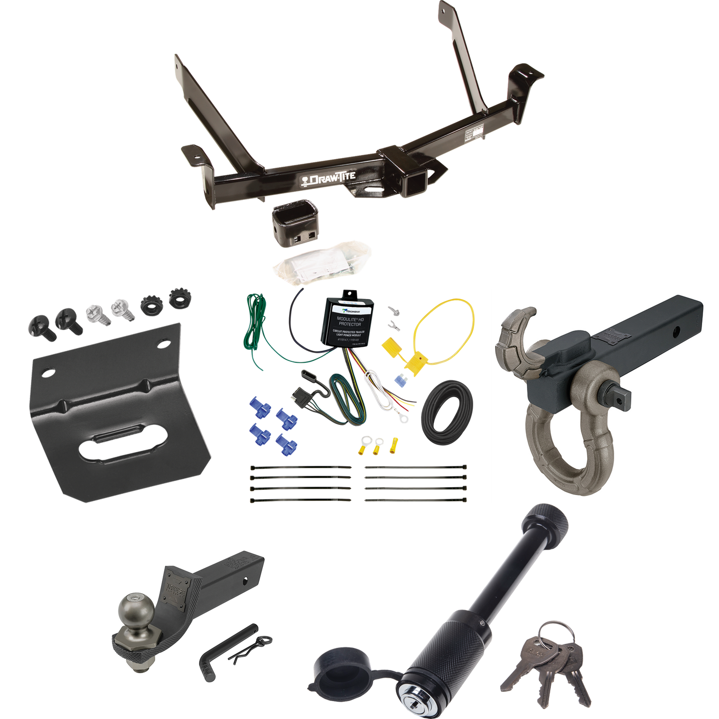 Fits 1995-2001 Ford Explorer Trailer Hitch Tow PKG w/ 4-Flat Wiring + Interlock Tactical Starter Kit w/ 2" Drop & 2" Ball + Tactical Hook & Shackle Mount + Tactical Dogbone Lock + Wiring Bracket By Draw-Tite