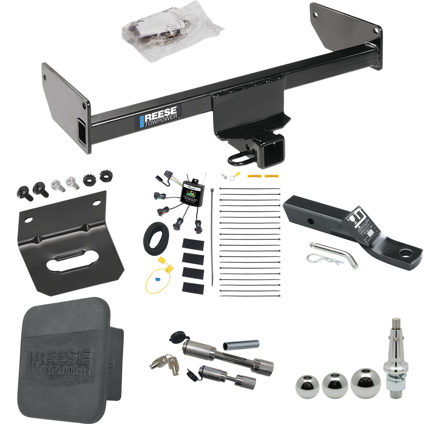 Fits 2008-2009 Saturn Vue Trailer Hitch Tow PKG w/ 4-Flat Zero Contact "No Splice" Wiring + Ball Mount w/ 2" Drop + Interchangeable Ball 1-7/8" & 2" & 2-5/16" + Wiring Bracket + Dual Hitch & Coupler Locks + Hitch Cover By Reese Towpower