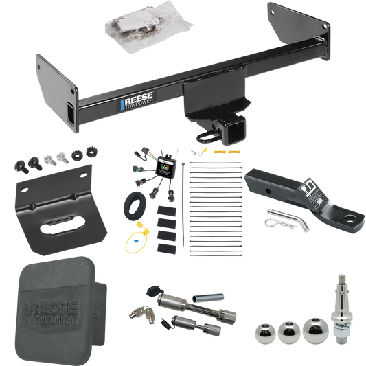 Fits 2008-2009 Saturn Vue Trailer Hitch Tow PKG w/ 4-Flat Zero Contact "No Splice" Wiring + Ball Mount w/ 2" Drop + Interchangeable Ball 1-7/8" & 2" & 2-5/16" + Wiring Bracket + Dual Hitch & Coupler Locks + Hitch Cover By Reese Towpower