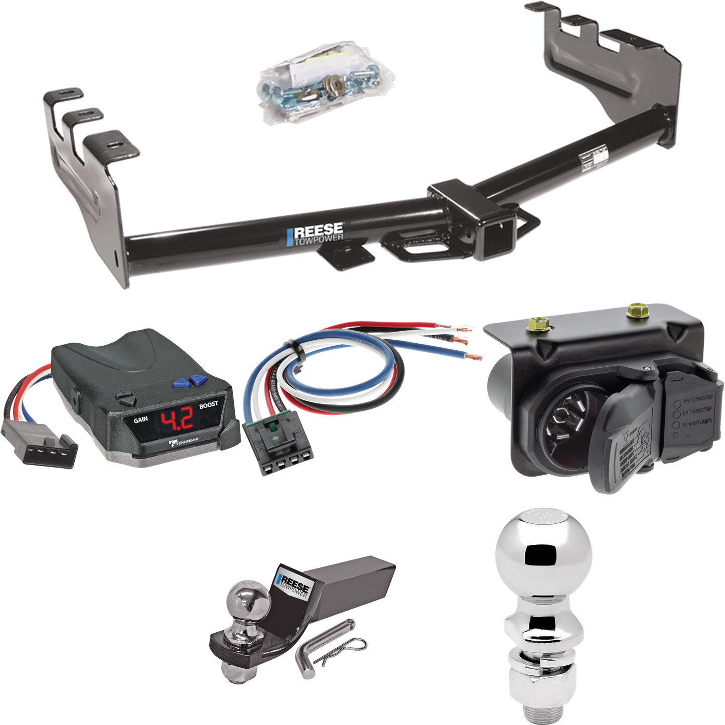 Fits 2007-2013 GMC Sierra 1500 Trailer Hitch Tow PKG w/ Tekonsha BRAKE-EVN Brake Control + Generic BC Wiring Adapter + 7-Way RV Wiring + 2" & 2-5/16" Ball & Drop Mount By Reese Towpower