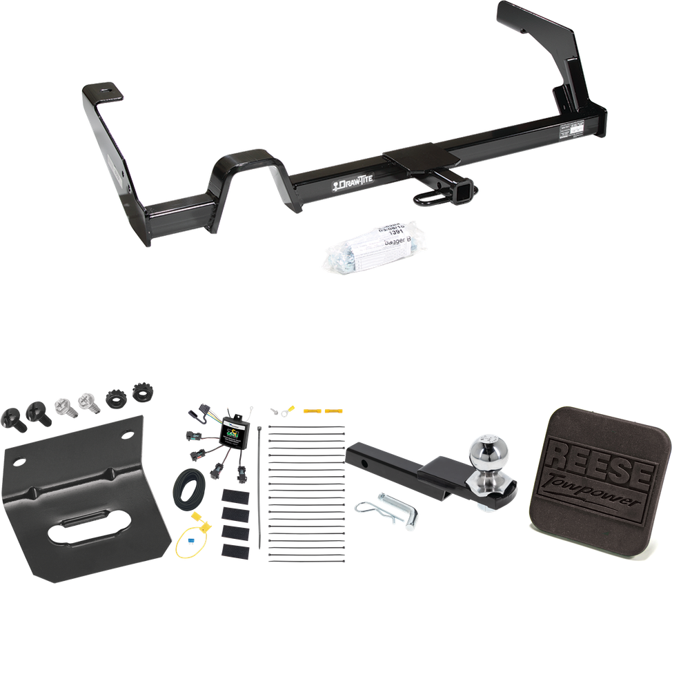 Fits 2000-2004 Subaru Legacy Trailer Hitch Tow PKG w/ 4-Flat Zero Contact "No Splice" Wiring Harness + Interlock Starter Kit w/ 2" Ball 1-1/4" Drop 3/4" Rise + Wiring Bracket + Hitch Cover (For Wagon, Except Outback Models) By Reese Towpower