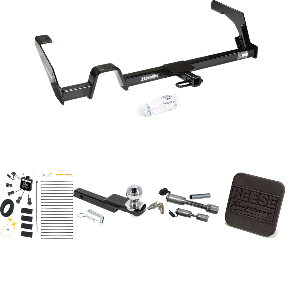 Fits 2000-2004 Subaru Legacy Trailer Hitch Tow PKG w/ 4-Flat Zero Contact "No Splice" Wiring Harness + Interlock Starter Kit w/ 2" Ball 1-1/4" Drop 3/4" Rise + Hitch Cover + Dual Hitch & Coupler Locks (For Sedan, Except Outback Models) By Reese Towpo