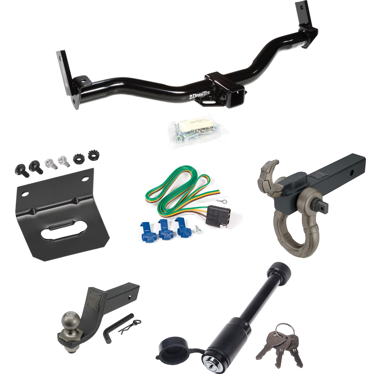 Fits 1991-1994 Ford Explorer Trailer Hitch Tow PKG w/ 4-Flat Wiring + Interlock Tactical Starter Kit w/ 3-1/4" Drop & 2" Ball + Tactical Hook & Shackle Mount + Tactical Dogbone Lock + Wiring Bracket By Draw-Tite