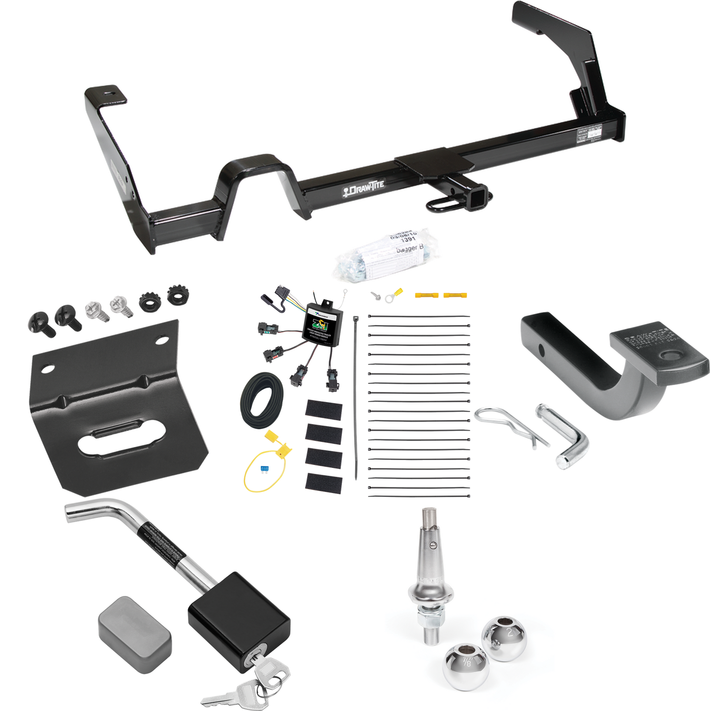 Fits 2000-2004 Subaru Legacy Trailer Hitch Tow PKG w/ 4-Flat Zero Contact "No Splice" Wiring Harness + Draw-Bar + Interchangeable 1-7/8" & 2" Balls + Wiring Bracket + Hitch Lock (For Wagon, Except Outback Models) By Draw-Tite