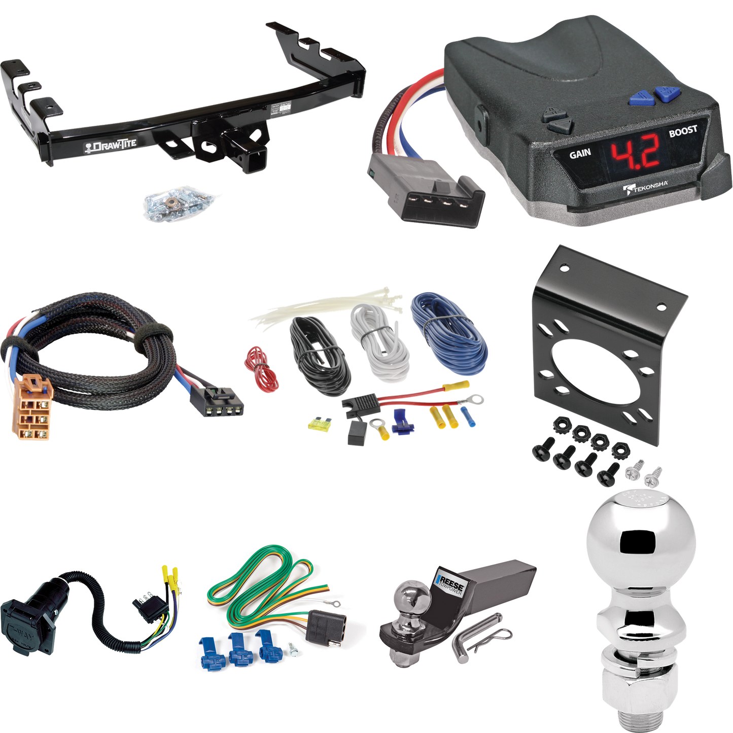 Se adapta al paquete de enganche de remolque GMC Sierra 1500 HD 2001-2002 con control de freno Tekonsha BRAKE-EVN + adaptador BC Plug &amp; Play + cableado RV de 7 vías + soporte de bola y caída de 2" y 2-5/16" de Draw-Tite