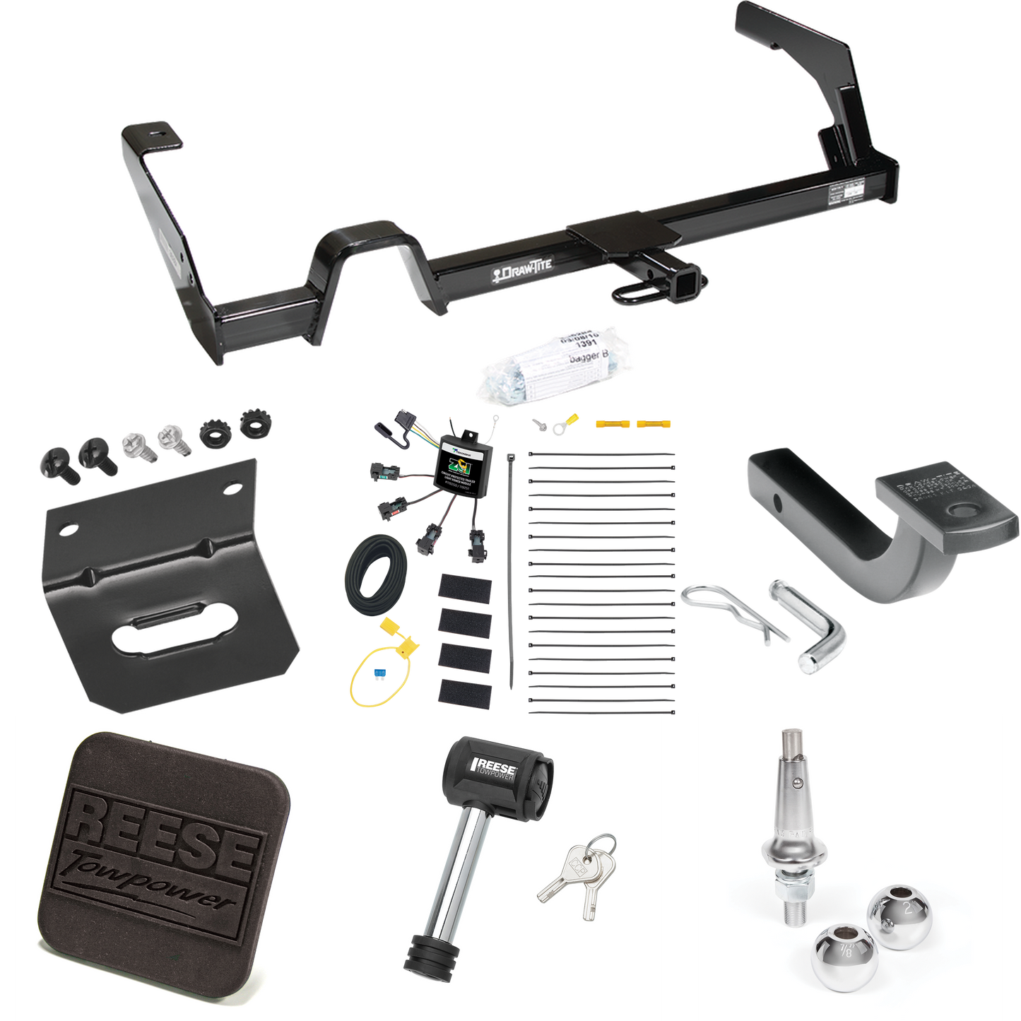 Fits 2000-2004 Subaru Legacy Trailer Hitch Tow PKG w/ 4-Flat Zero Contact "No Splice" Wiring Harness + Draw-Bar + Interchangeable 1-7/8" & 2" Balls + Wiring Bracket + Hitch Cover + Hitch Lock (For Wagon, Except Outback Models) By Reese Towpower