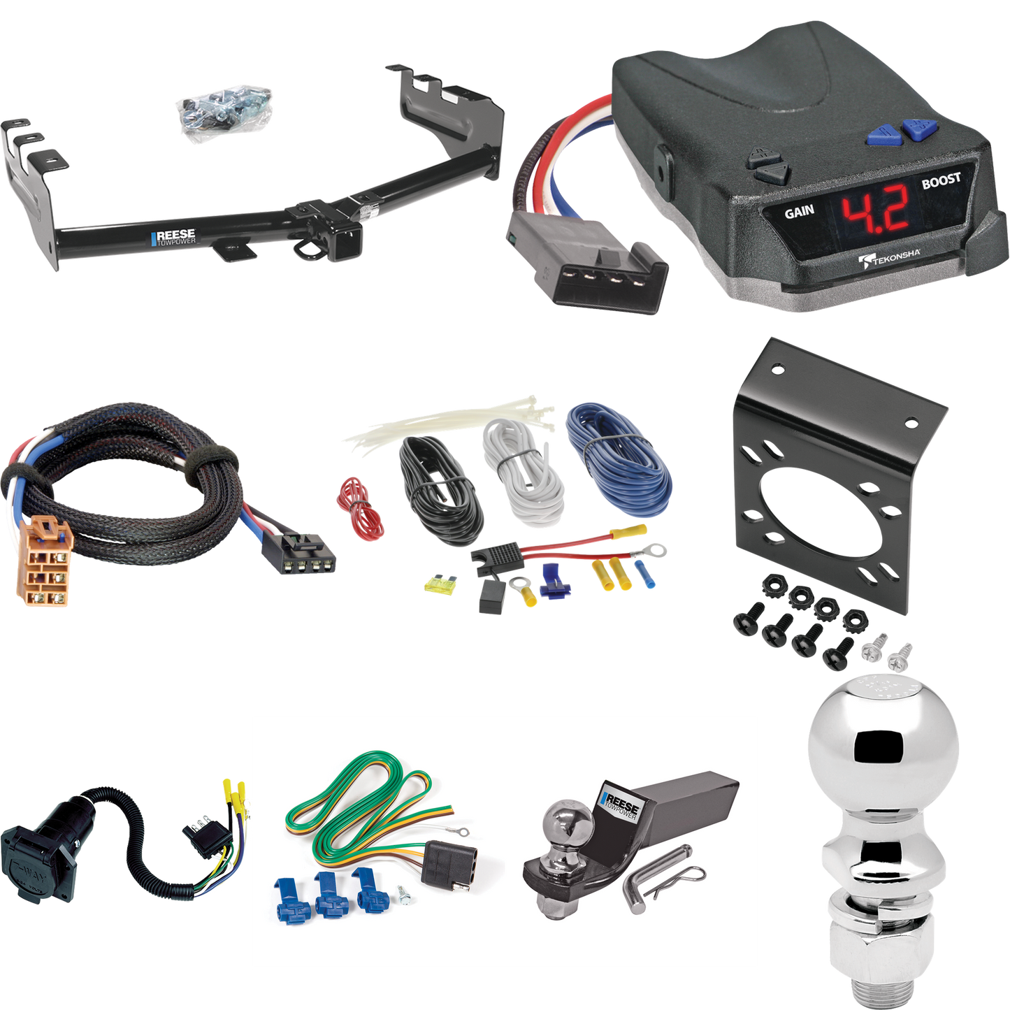 Se adapta al paquete de remolque con enganche para remolque Chevrolet Silverado 2500 1999-2002 con control de freno Tekonsha BRAKE-EVN + adaptador BC Plug &amp; Play + cableado RV de 7 vías + soporte de bola y caída de 2" y 2-5/16" de Reese Towpower