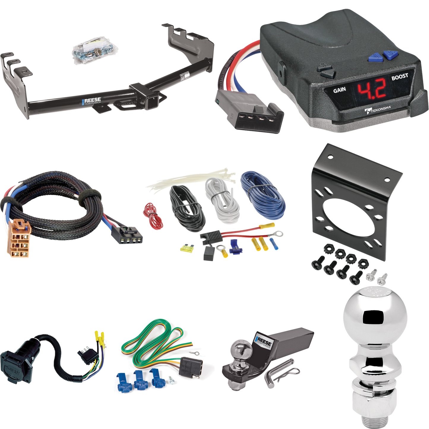 Fits 1999-2002 Chevrolet Silverado 2500 Trailer Hitch Tow PKG w/ Tekonsha BRAKE-EVN Brake Control + Plug & Play BC Adapter + 7-Way RV Wiring + 2" & 2-5/16" Ball & Drop Mount By Reese Towpower