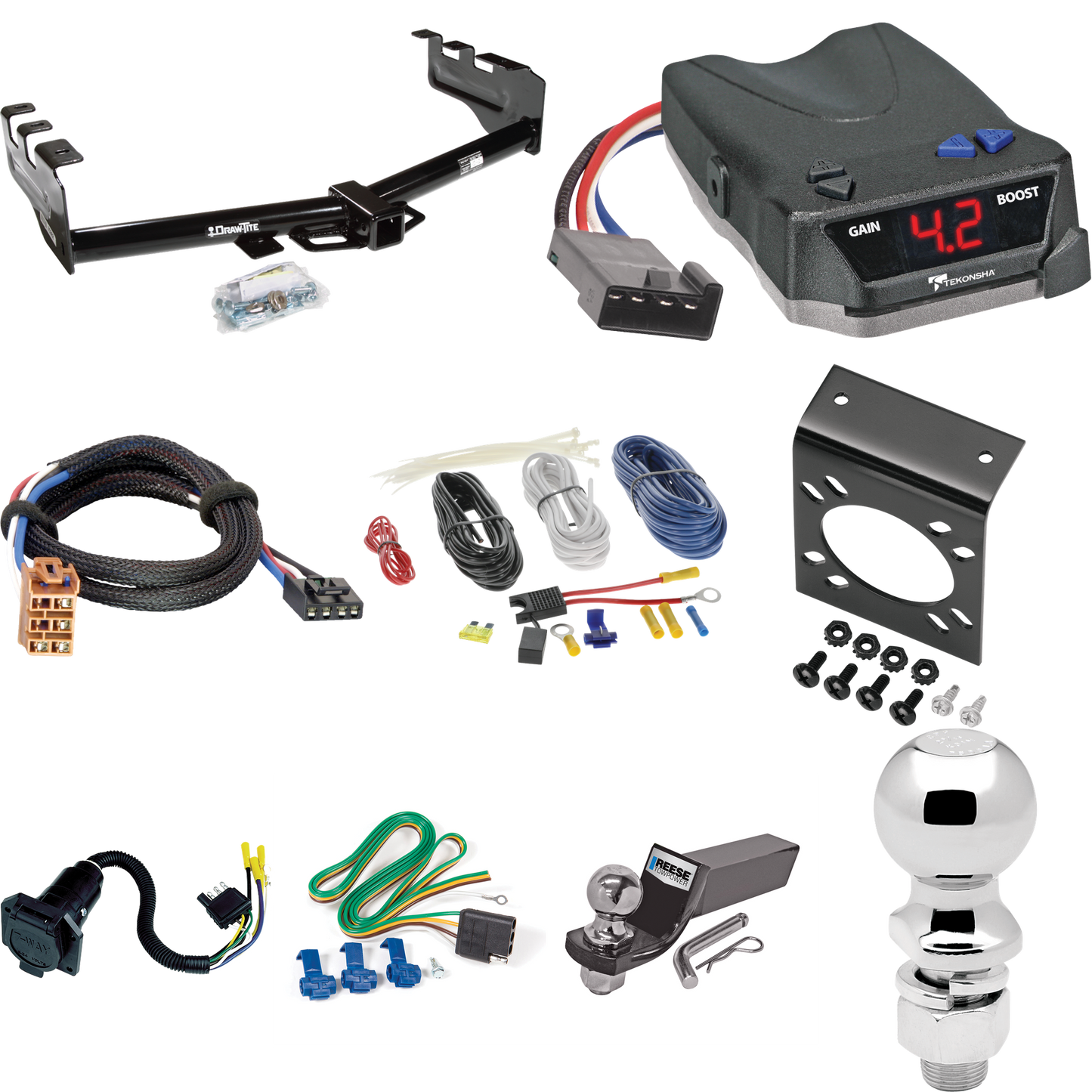 Se adapta al paquete de enganche de remolque GMC Sierra 2500 1999-2002 con control de freno Tekonsha BRAKE-EVN + adaptador BC Plug &amp; Play + cableado RV de 7 vías + soporte de bola y caída de 2" y 2-5/16" de Draw-Tite