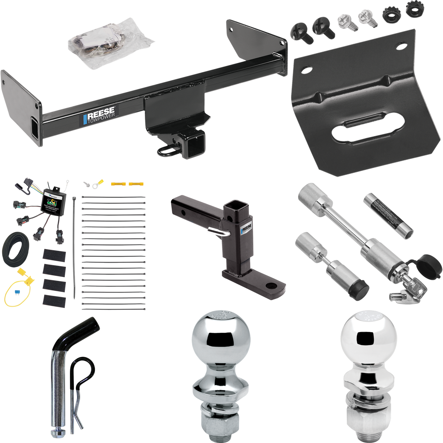 Fits 2008-2009 Saturn Vue Trailer Hitch Tow PKG w/ 4-Flat Zero Contact "No Splice" Wiring Harness + Adjustable Drop Rise Ball Mount + Pin/Clip + 2" Ball + 1-7/8" Ball + Dual Hitch & Coupler Locks By Reese Towpower