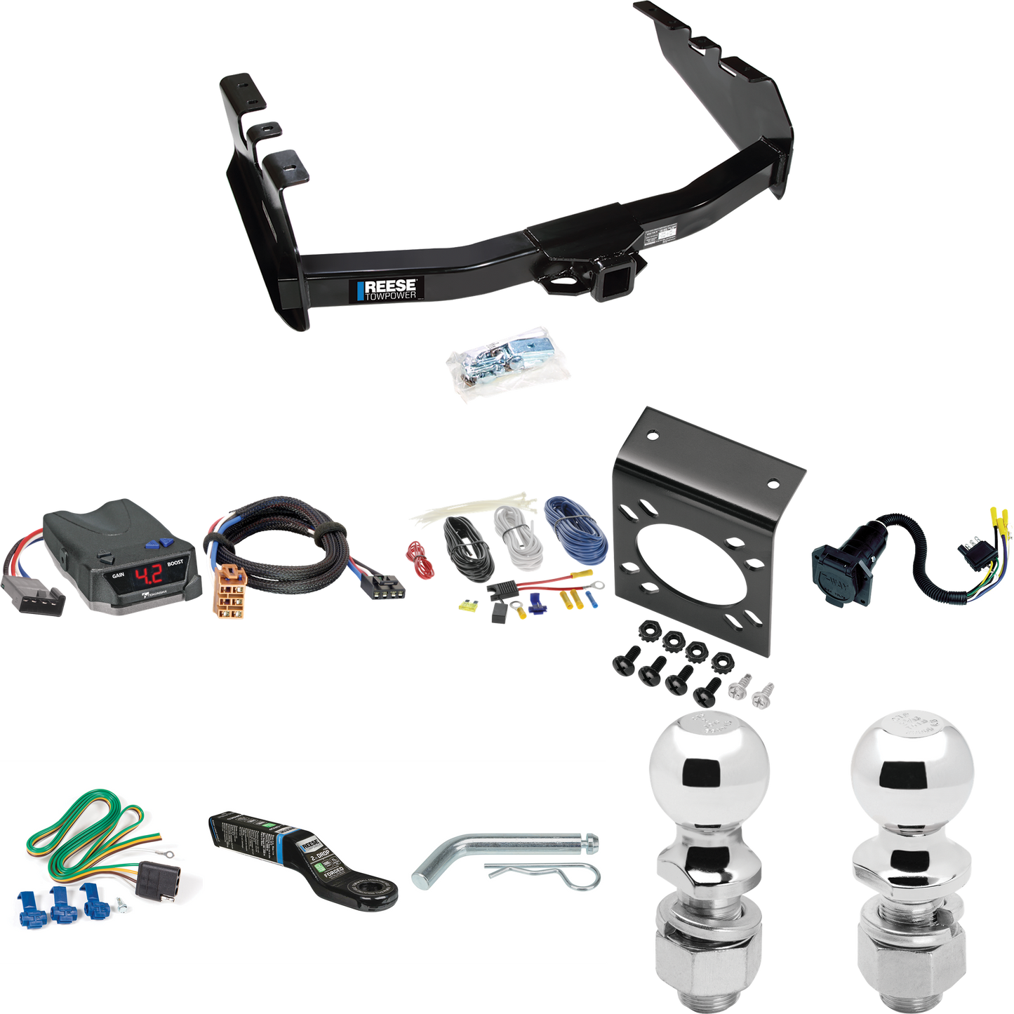 Se adapta al paquete de enganche de remolque GMC Sierra 2500 1999-2002 con control de freno Tekonsha BRAKE-EVN + adaptador BC Plug &amp; Play + cableado RV de 7 vías + soporte de bola y caída de 2" y 2-5/16" de Reese Towpower