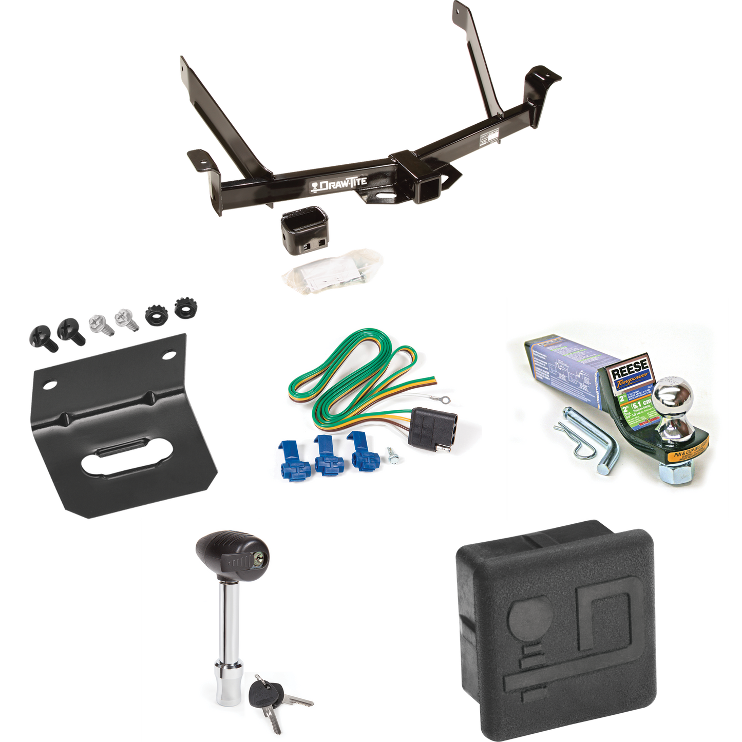 Fits 1991-1994 Mazda Navajo Trailer Hitch Tow PKG w/ 4-Flat Wiring + Starter Kit Ball Mount w/ 2" Drop & 1-7/8" Ball + Wiring Bracket + Hitch Lock + Hitch Cover By Draw-Tite