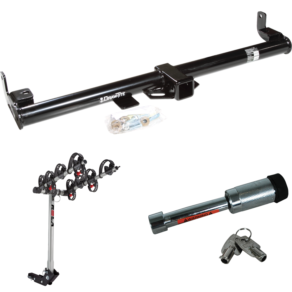 Fits 1997-2006 Jeep Wrangler Trailer Hitch Tow PKG w/ 4 Bike Carrier Rack + Hitch Lock By Draw-Tite