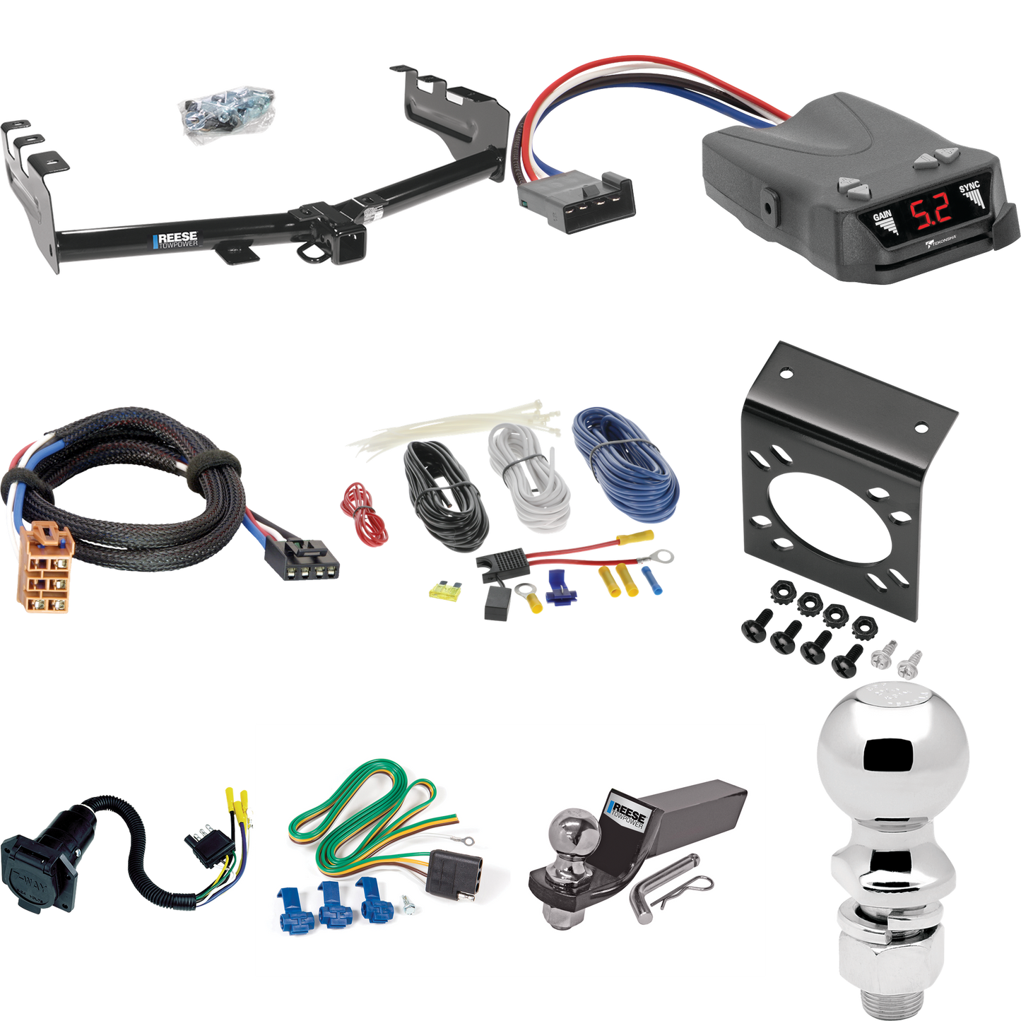 Se adapta al paquete de enganche de remolque GMC Sierra 1500 1999-2002 con control de freno Tekonsha Brakeman IV + adaptador BC Plug &amp; Play + cableado RV de 7 vías + soporte de bola y caída de 2" y 2-5/16" de Reese Towpower