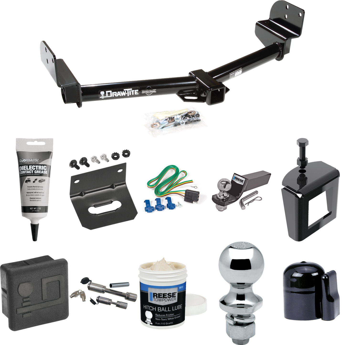 Fits 2004-2005 Ford Explorer Trailer Hitch Tow PKG w/ 4-Flat Wiring + Starter Kit Ball Mount w/ 2" Drop & 2" Ball + 1-7/8" Ball + Wiring Bracket + Dual Hitch & Coupler Locks + Hitch Cover + Wiring Tester + Ball Lube +Electric Grease + Ball Wrench + A