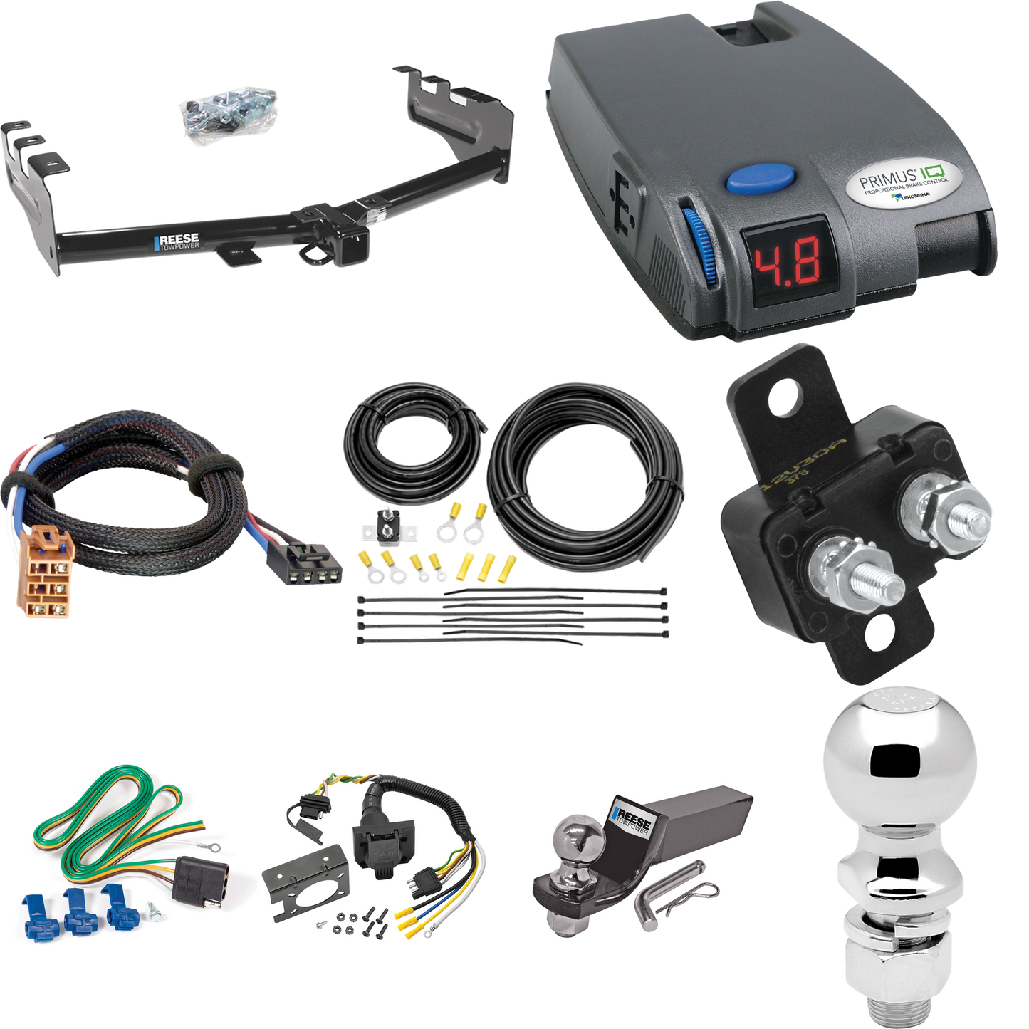 Se adapta al paquete de remolque con enganche para remolque Chevrolet Silverado 1500 HD 2001-2002 con control de freno Tekonsha Primus IQ + adaptador BC Plug &amp; Play + cableado RV de 7 vías + soporte de bola y caída de 2" y 2-5/16" de Reese Towpower