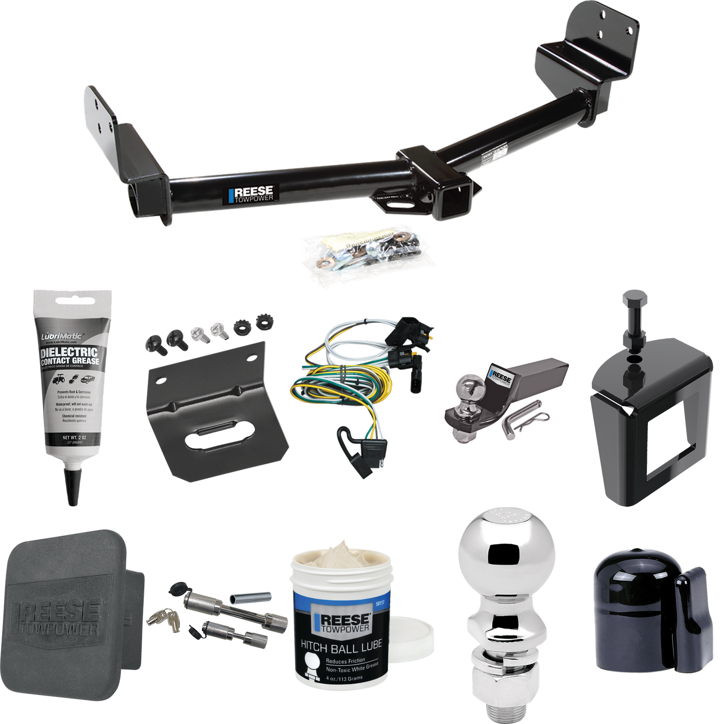 Fits 2003-2004 Lincoln Aviator Trailer Hitch Tow PKG w/ 4-Flat Wiring + Starter Kit Ball Mount w/ 2" Drop & 2" Ball + 2-5/16" Ball + Wiring Bracket + Dual Hitch & Coupler Locks + Hitch Cover + Wiring Tester + Ball Lube +Electric Grease + Ball Wrench