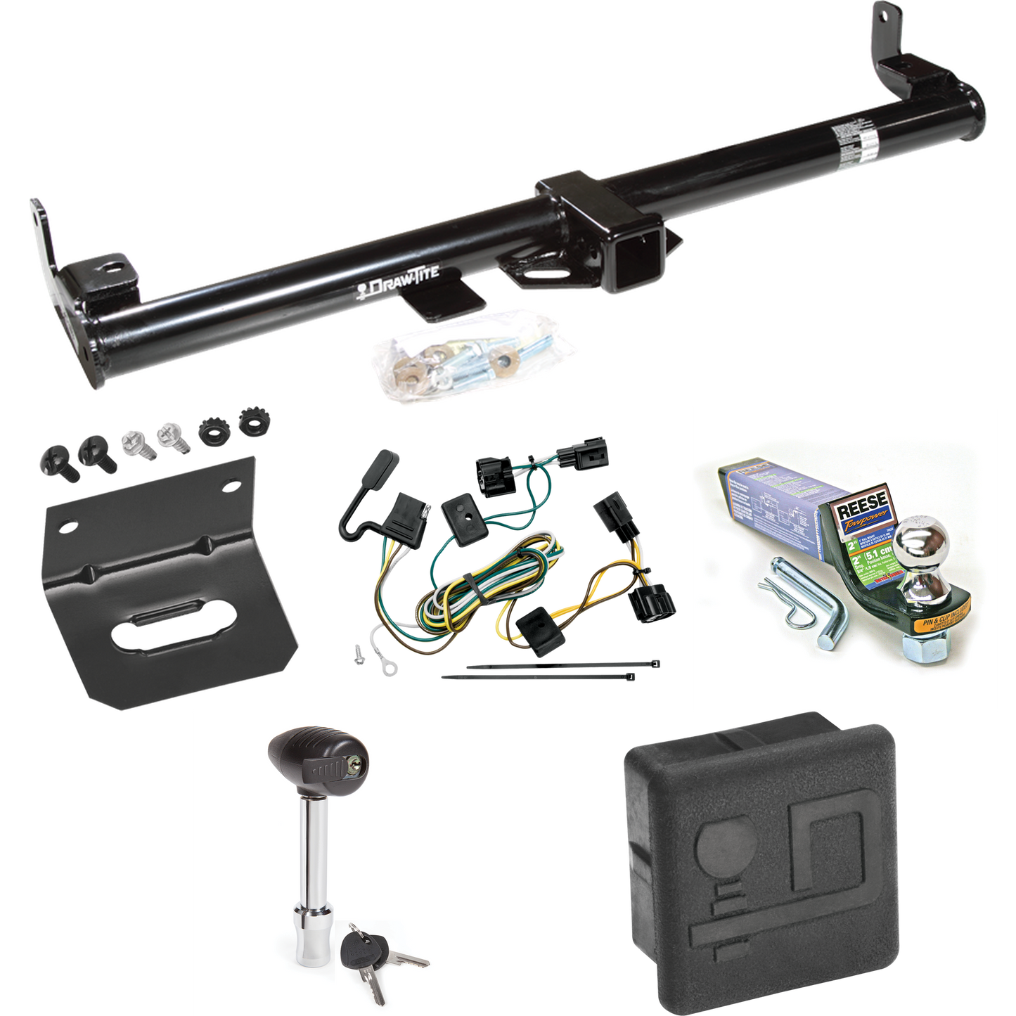 Fits 1998-2006 Jeep TJ Trailer Hitch Tow PKG w/ 4-Flat Wiring + Starter Kit Ball Mount w/ 2" Drop & 1-7/8" Ball + Wiring Bracket + Hitch Lock + Hitch Cover (For (Canada Only) Models) By Draw-Tite