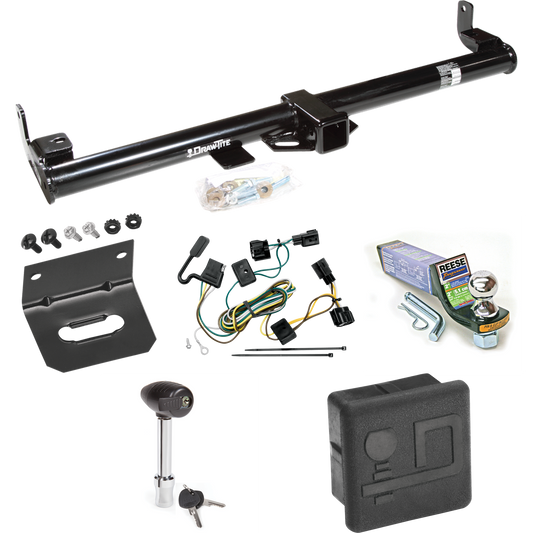 Fits 1998-2006 Jeep TJ Trailer Hitch Tow PKG w/ 4-Flat Wiring + Starter Kit Ball Mount w/ 2" Drop & 1-7/8" Ball + Wiring Bracket + Hitch Lock + Hitch Cover (For (Canada Only) Models) By Draw-Tite