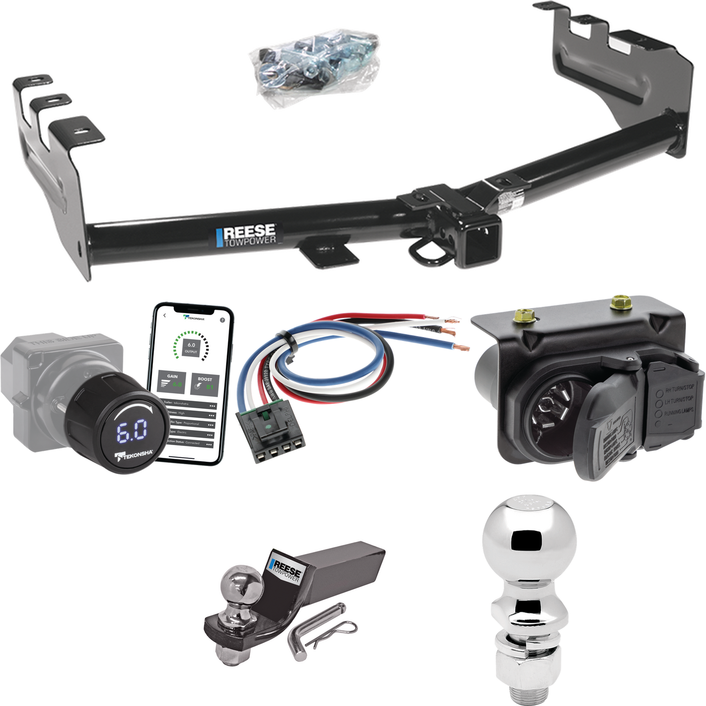 Fits 2007-2013 Chevrolet Silverado 1500 Trailer Hitch Tow PKG w/ Tekonsha Prodigy iD Bluetooth Wireless Brake Control + Generic BC Wiring Adapter + 7-Way RV Wiring + 2" & 2-5/16" Ball & Drop Mount By Reese Towpower