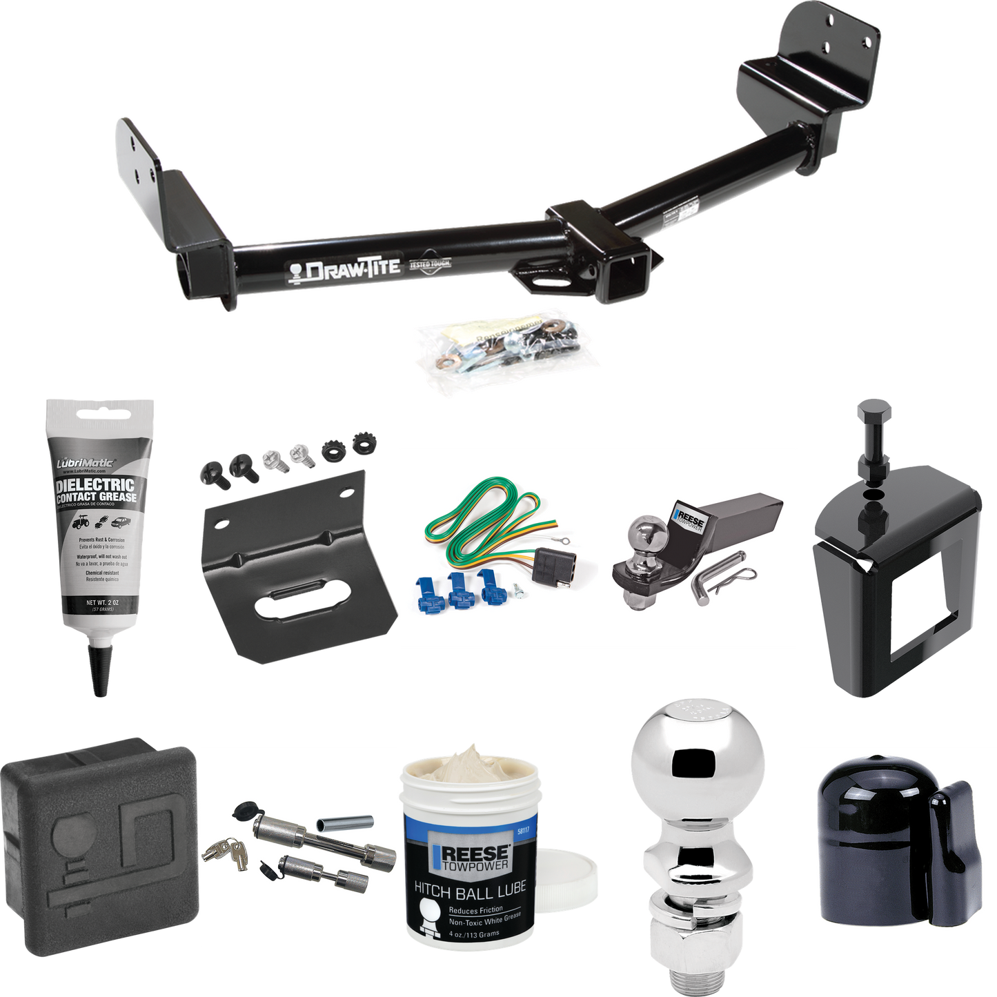 Fits 2004-2005 Mercury Mountaineer Trailer Hitch Tow PKG w/ 4-Flat Wiring + Starter Kit Ball Mount w/ 2" Drop & 2" Ball + 2-5/16" Ball + Wiring Bracket + Dual Hitch & Coupler Locks + Hitch Cover + Wiring Tester + Ball Lube +Electric Grease + Ball Wre