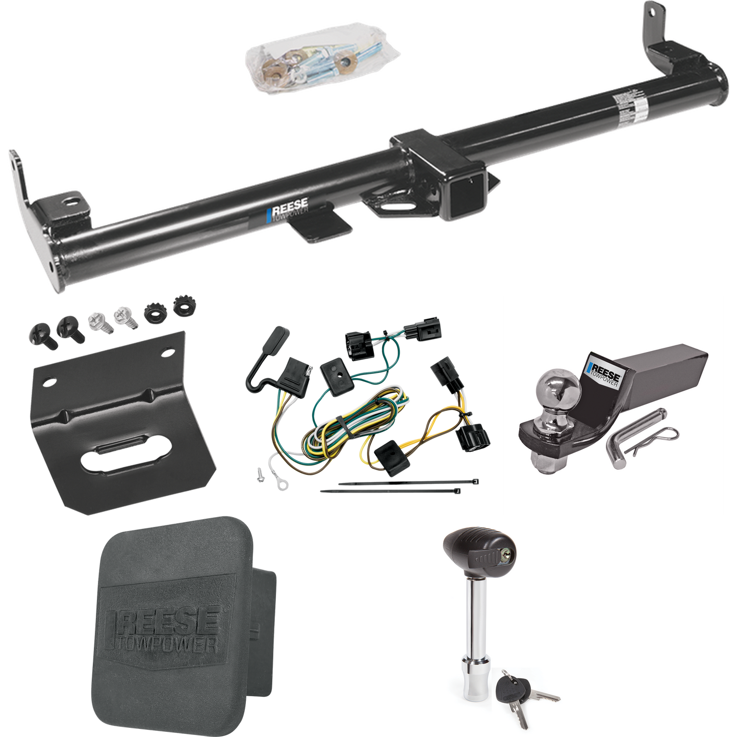 Fits 1998-2006 Jeep TJ Trailer Hitch Tow PKG w/ 4-Flat Wiring + Starter Kit Ball Mount w/ 2" Drop & 2" Ball + 1-7/8" Ball + Wiring Bracket + Hitch Lock + Hitch Cover (For (Canada Only) Models) By Reese Towpower