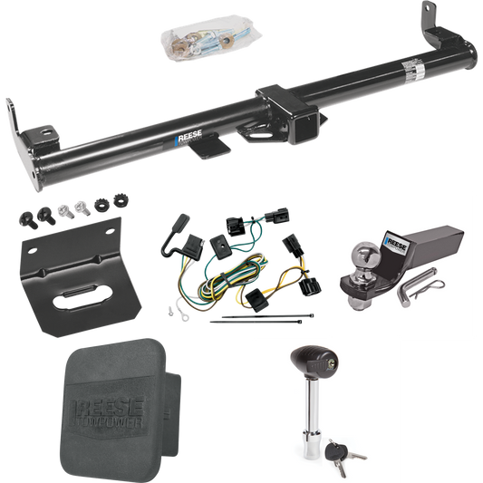 Fits 1998-2006 Jeep TJ Trailer Hitch Tow PKG w/ 4-Flat Wiring + Starter Kit Ball Mount w/ 2" Drop & 2" Ball + 1-7/8" Ball + Wiring Bracket + Hitch Lock + Hitch Cover (For (Canada Only) Models) By Reese Towpower