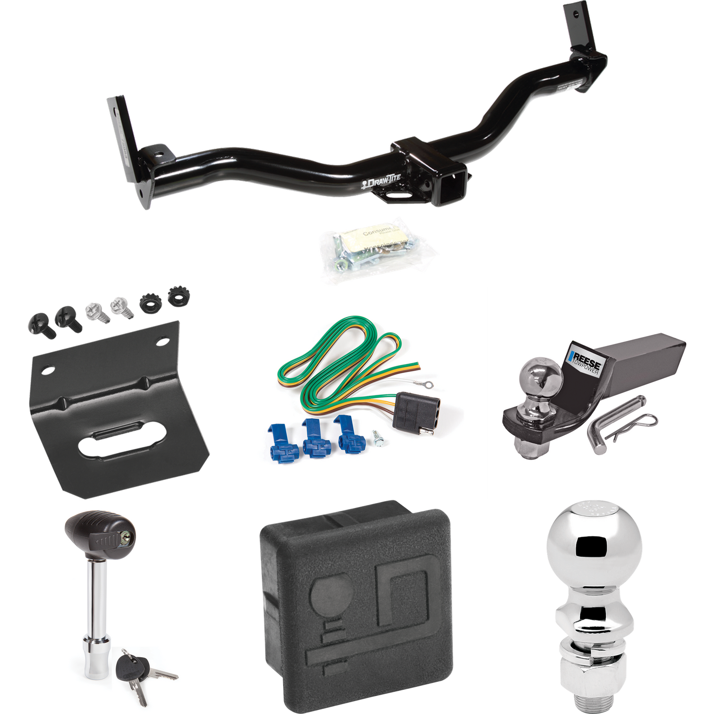 Fits 1991-1994 Mazda Navajo Trailer Hitch Tow PKG w/ 4-Flat Wiring + Starter Kit Ball Mount w/ 2" Drop & 2" Ball + 2-5/16" Ball + Wiring Bracket + Hitch Lock + Hitch Cover By Draw-Tite