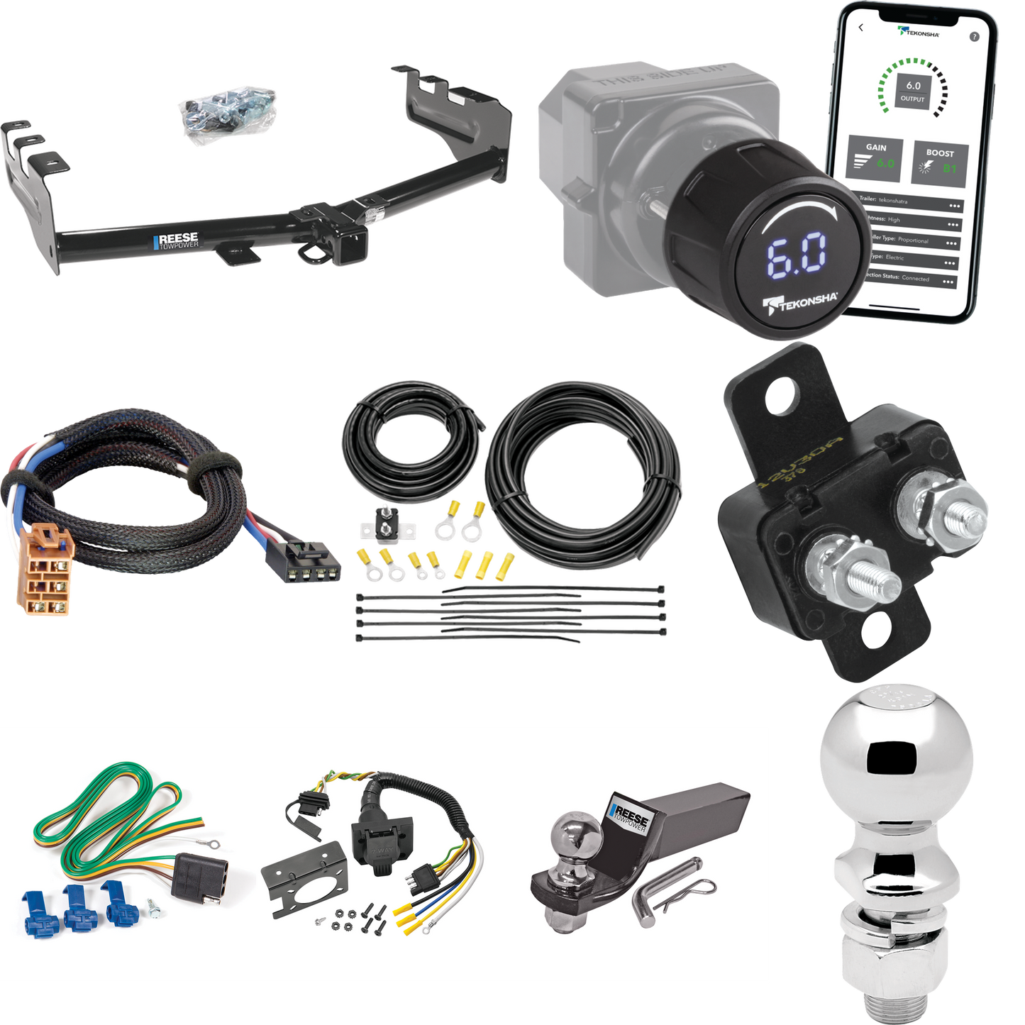 Fits 1999-2002 GMC Sierra 1500 Trailer Hitch Tow PKG w/ Tekonsha Prodigy iD Bluetooth Wireless Brake Control + Plug & Play BC Adapter + 7-Way RV Wiring + 2" & 2-5/16" Ball & Drop Mount By Reese Towpower