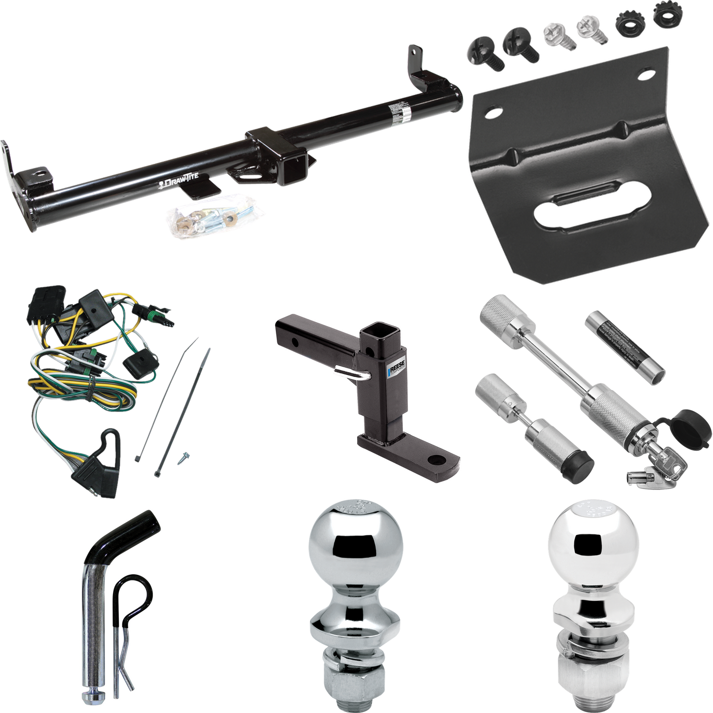 Fits 1997-1997 Jeep Wrangler Trailer Hitch Tow PKG w/ 4-Flat Wiring Harness + Adjustable Drop Rise Ball Mount + Pin/Clip + 2" Ball + 1-7/8" Ball + Dual Hitch & Coupler Locks By Draw-Tite