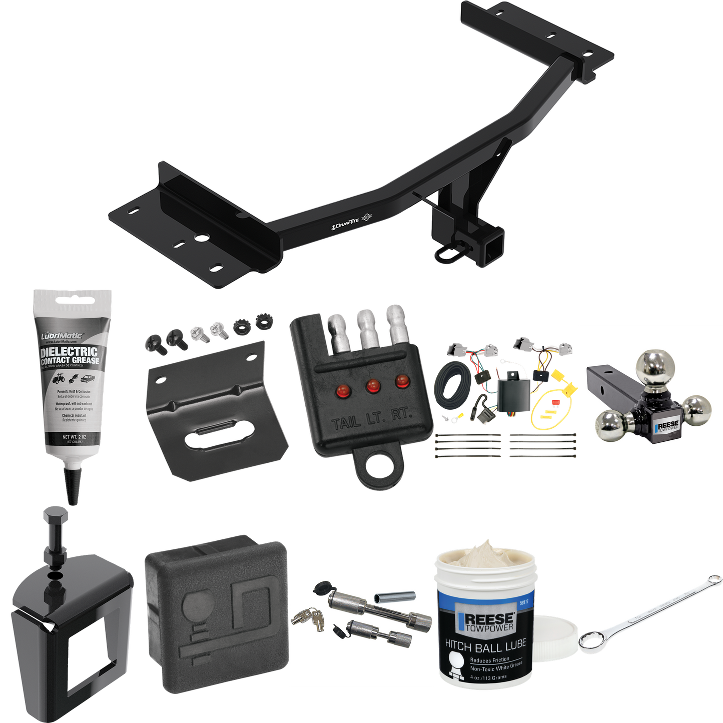 Fits 2020-2023 Ford Explorer Trailer Hitch Tow PKG w/ 4-Flat Wiring + Triple Ball Ball Mount 1-7/8" & 2" & 2-5/16" Trailer Balls + Wiring Bracket + Hitch Cover + Dual Hitch & Coupler Locks + Wiring Tester + Ball Lube + Electric Grease + Ball Wrench +