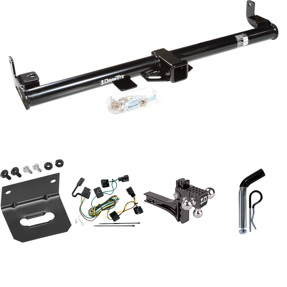 Fits 1998-2006 Jeep Wrangler Trailer Hitch Tow PKG w/ 4-Flat Wiring Harness + Adjustable Drop Rise Triple Ball Ball Mount 1-7/8" & 2" & 2-5/16" Trailer Balls + Pin/Clip + Wiring Bracket By Draw-Tite