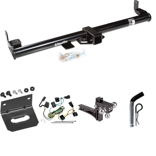 Fits 1998-2006 Jeep Wrangler Trailer Hitch Tow PKG w/ 4-Flat Wiring Harness + Adjustable Drop Rise Triple Ball Ball Mount 1-7/8" & 2" & 2-5/16" Trailer Balls + Pin/Clip + Wiring Bracket By Draw-Tite