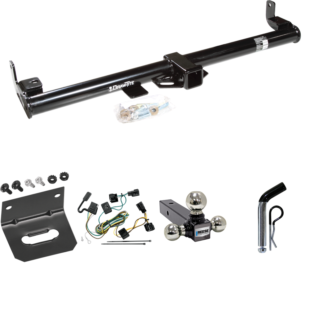 Fits 1998-2006 Jeep Wrangler Trailer Hitch Tow PKG w/ 4-Flat Wiring Harness + Triple Ball Ball Mount 1-7/8" & 2" & 2-5/16" Trailer Balls + Pin/Clip + Wiring Bracket By Draw-Tite